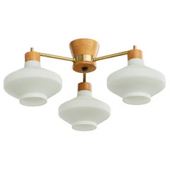 Swedish Designer, Chandelier, Oak, Brass, Glass, Sweden, 1950s