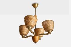 Swedish Designer, Chandelier, Oak, Brass, Rattan, Sweden, 1940s