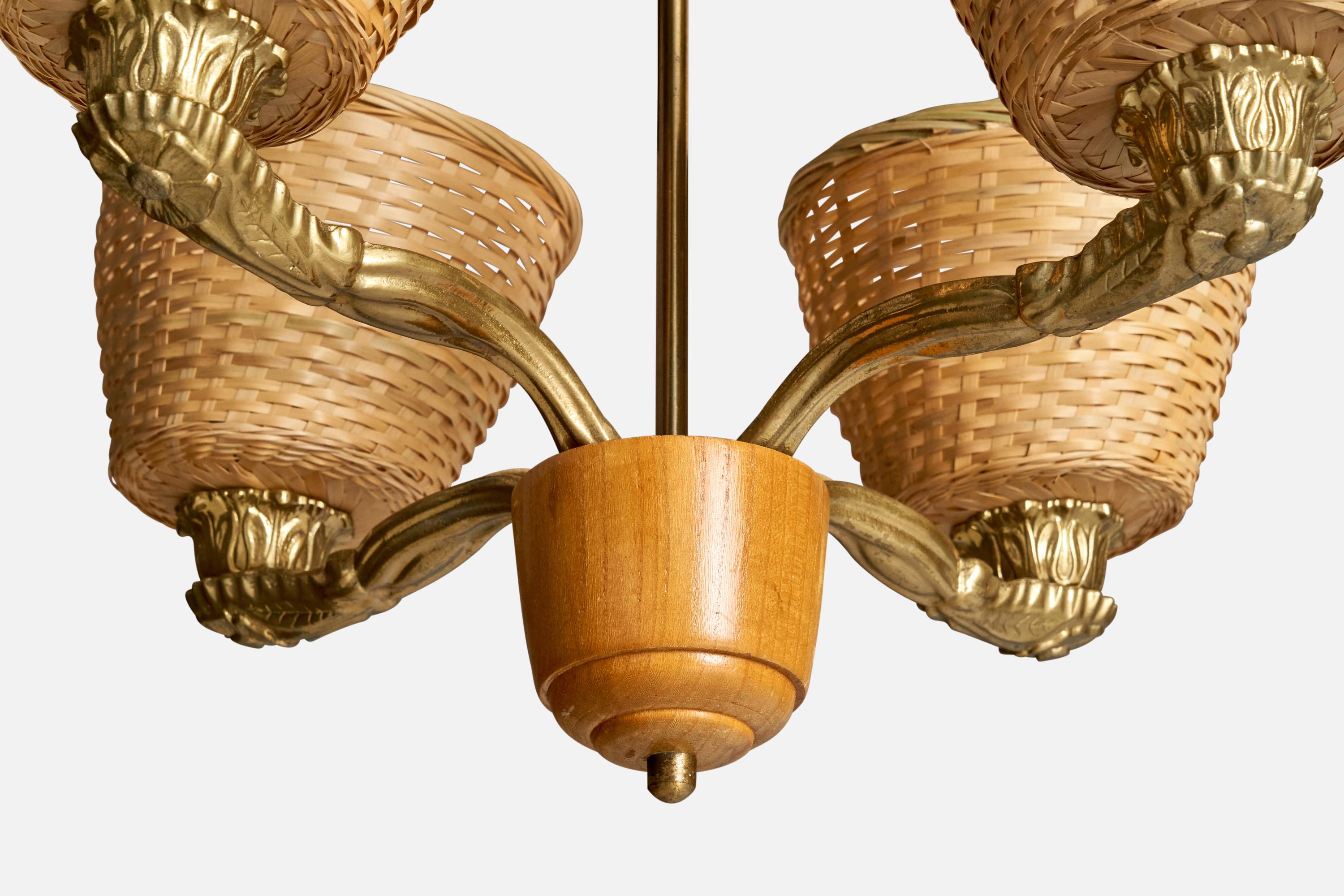 Laiton Designer suédois, lustre, chêne, laiton, rotin, Suède, années 1940 en vente