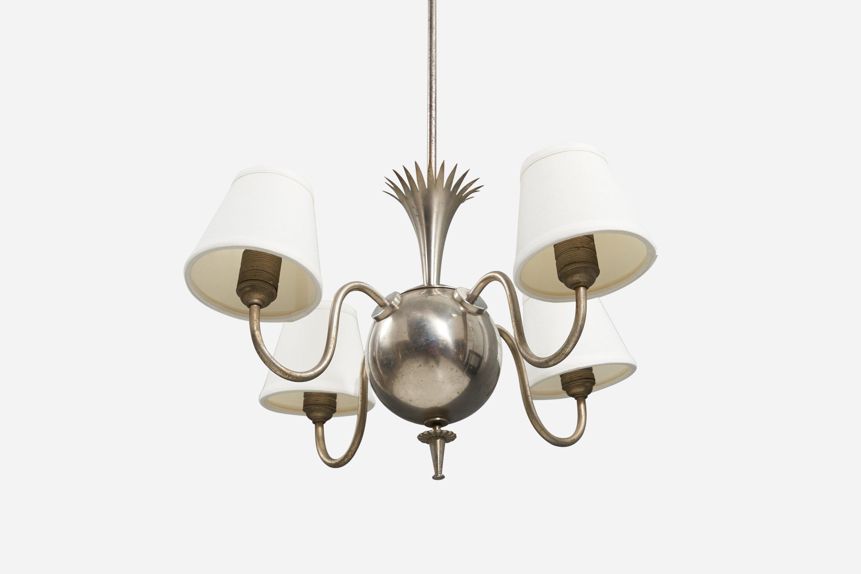 A four-armed chandelier in cast pewter with brand new fabric lampshades, designed and produced in Sweden, 1930s.