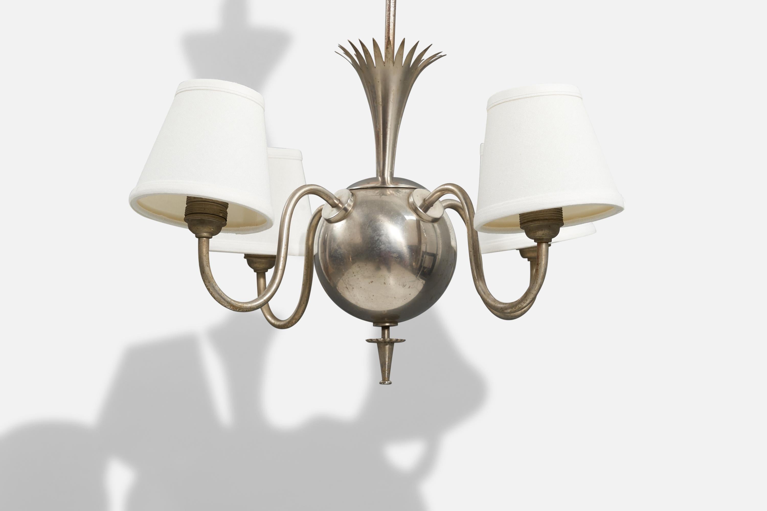 Swedish Designer, Chandelier, Pewter, White Fabric, Sweden, 1930s In Good Condition In High Point, NC