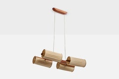 Swedish Designer, Chandelier, Teak, Brass, Fabric, Sweden, 1950s