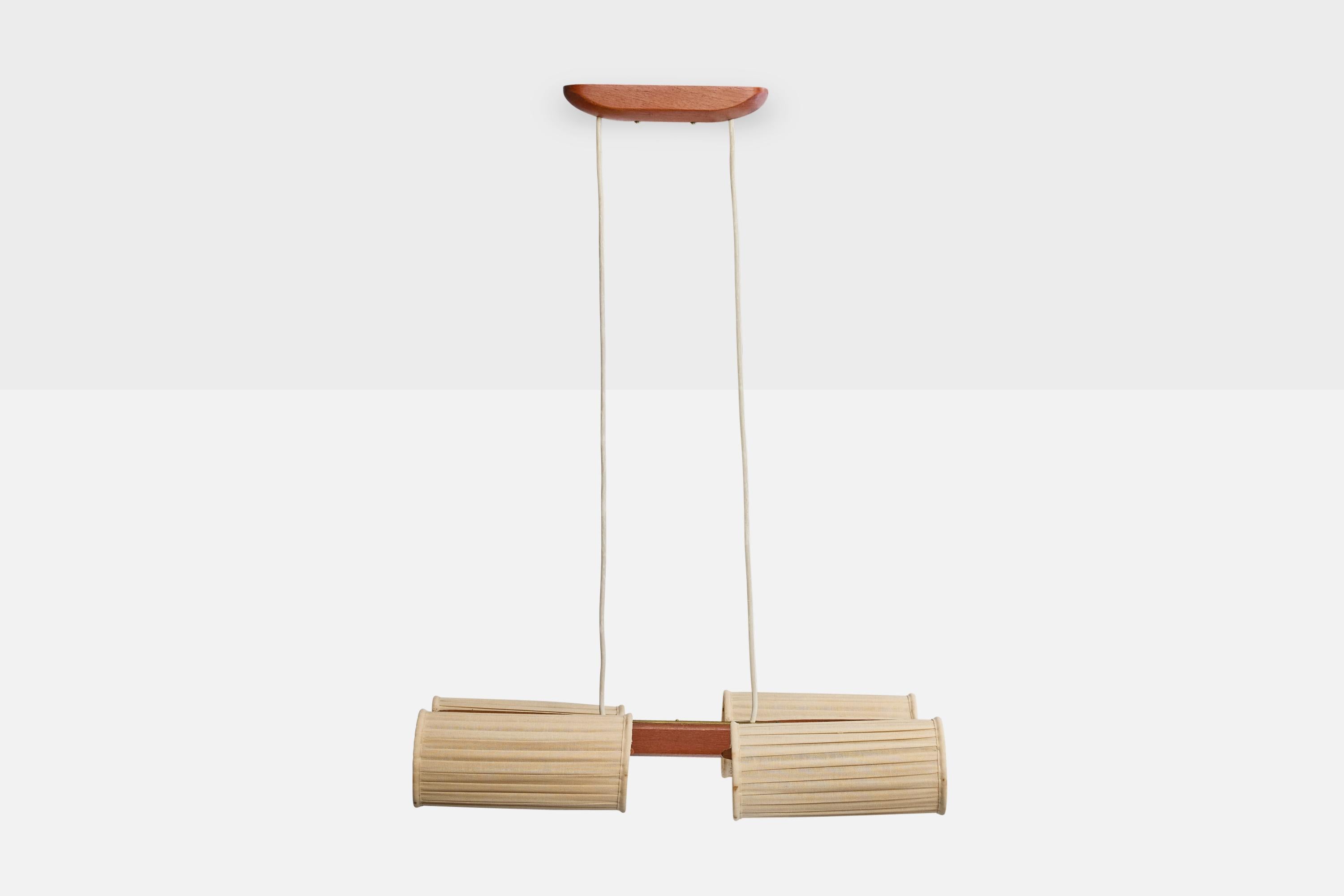 Mid-Century moderno Lampadario di design svedese, teak, ottone, tessuto, Svezia, anni '50 in vendita