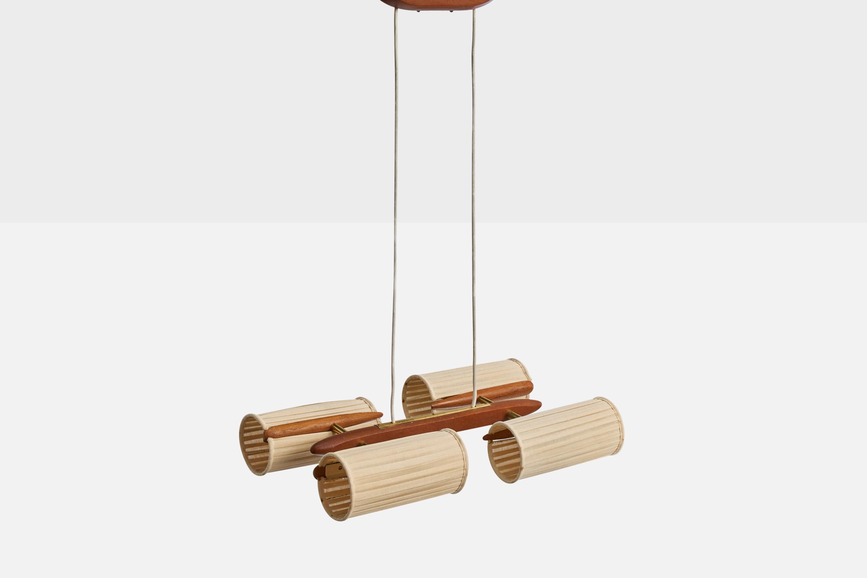 Svedese Lampadario di design svedese, teak, ottone, tessuto, Svezia, anni '50 in vendita