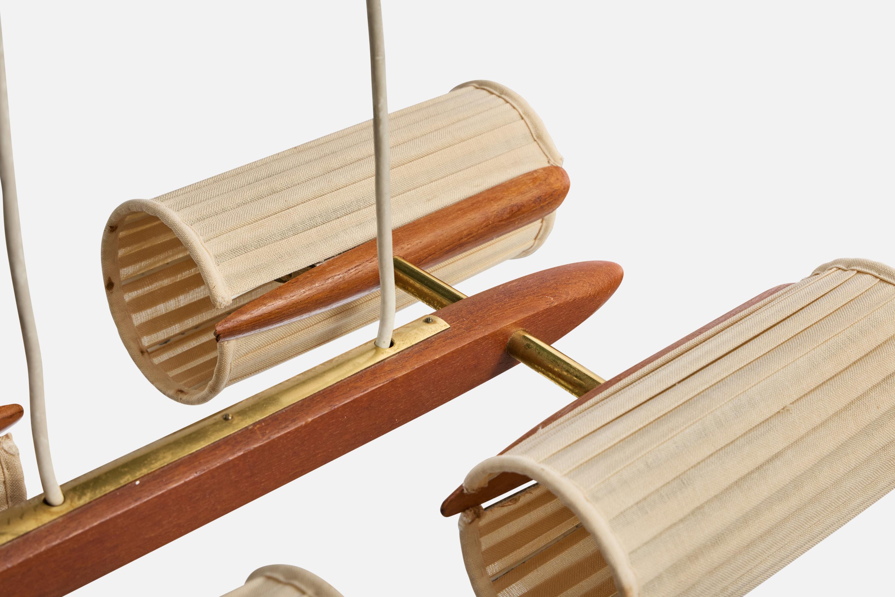 Ottone Lampadario di design svedese, teak, ottone, tessuto, Svezia, anni '50 in vendita