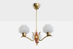 Swedish Designer, Chandelier, Teak, Brass, Glass, Sweden, 1950s