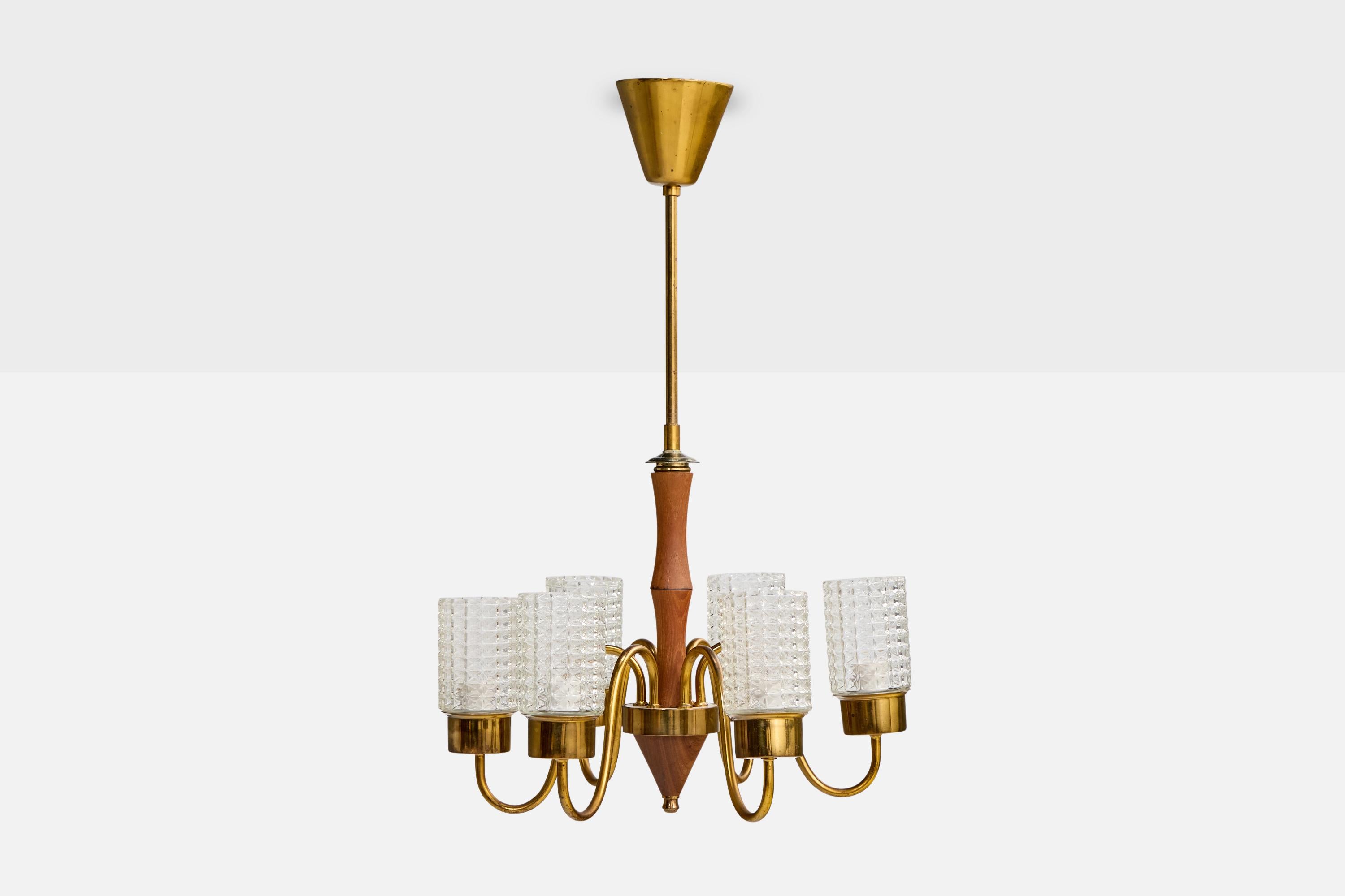 Schwedischer Designer, Kronleuchter, Teakholz, Messing, Glas, Schweden, 1950er Jahre (Moderne der Mitte des Jahrhunderts) im Angebot