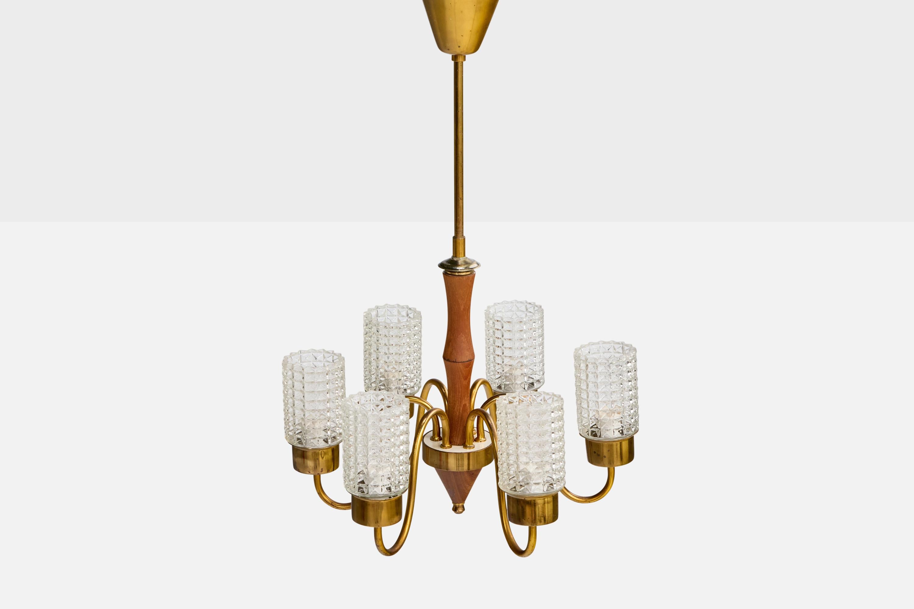 Schwedischer Designer, Kronleuchter, Teakholz, Messing, Glas, Schweden, 1950er Jahre im Zustand „Gut“ im Angebot in High Point, NC