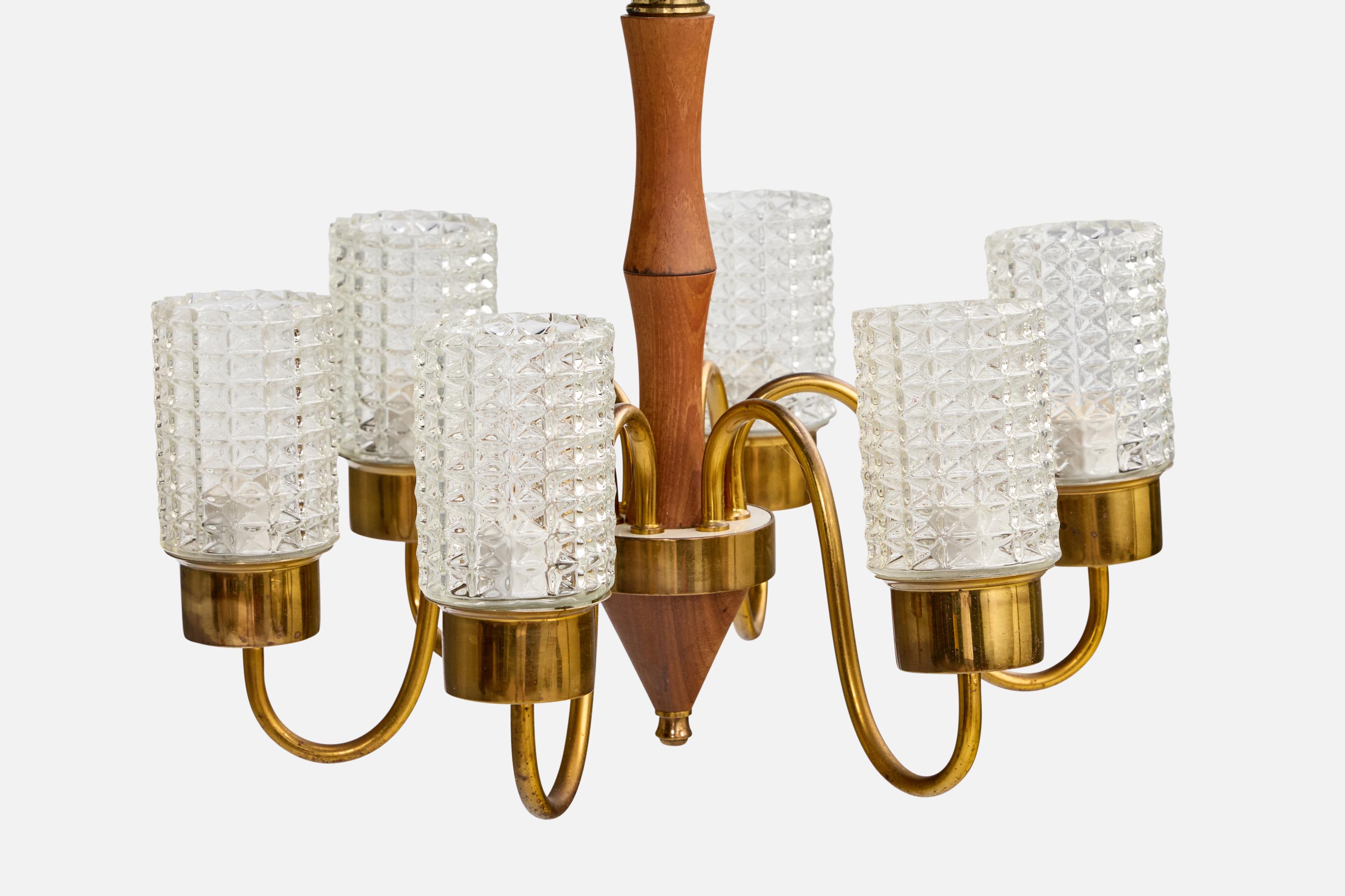 Schwedischer Designer, Kronleuchter, Teakholz, Messing, Glas, Schweden, 1950er Jahre (Mitte des 20. Jahrhunderts) im Angebot