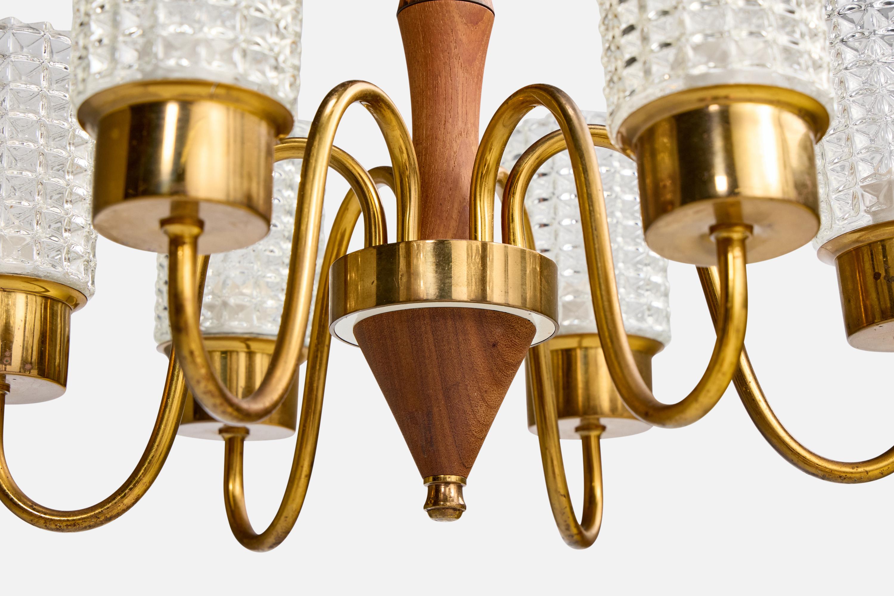 Schwedischer Designer, Kronleuchter, Teakholz, Messing, Glas, Schweden, 1950er Jahre im Angebot 1