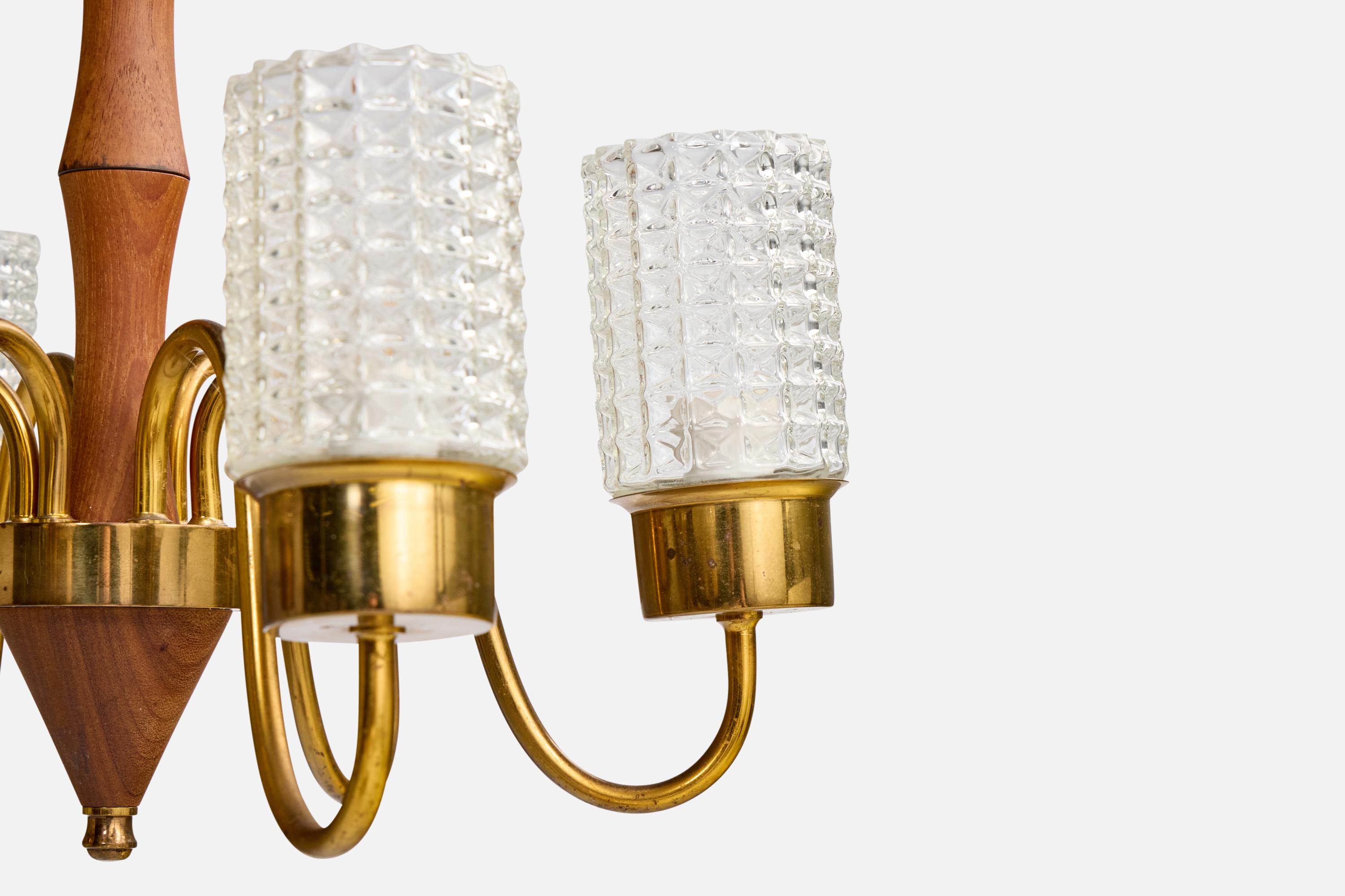 Schwedischer Designer, Kronleuchter, Teakholz, Messing, Glas, Schweden, 1950er Jahre im Angebot 2