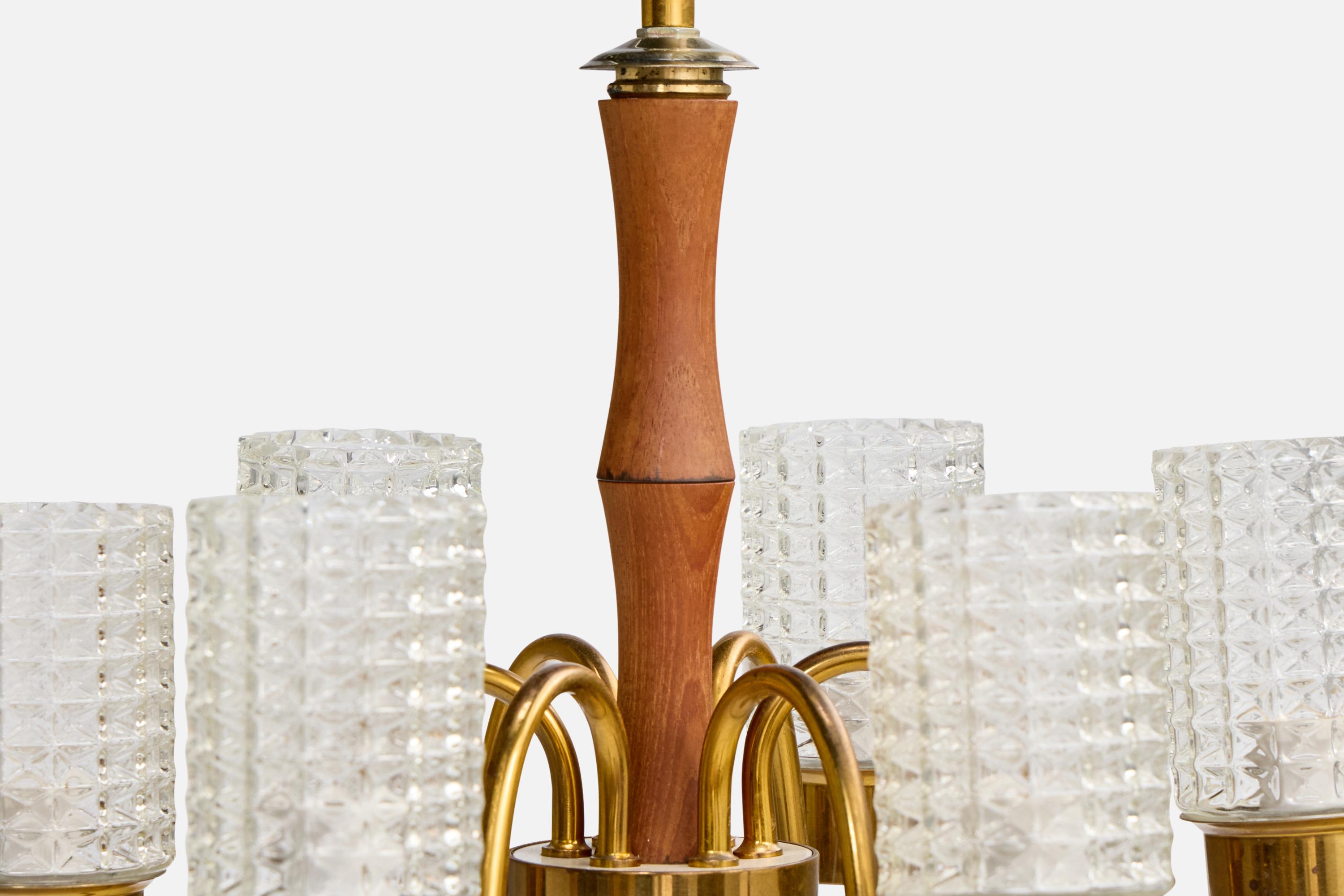 Schwedischer Designer, Kronleuchter, Teakholz, Messing, Glas, Schweden, 1950er Jahre im Angebot 4