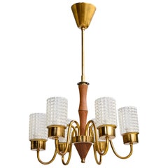 Swedish Designer, Chandelier, Teak, Brass, Glass, Sweden, 1950s