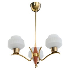 Swedish Designer, Chandelier, Teak, Brass, Glass, Sweden, 1950s