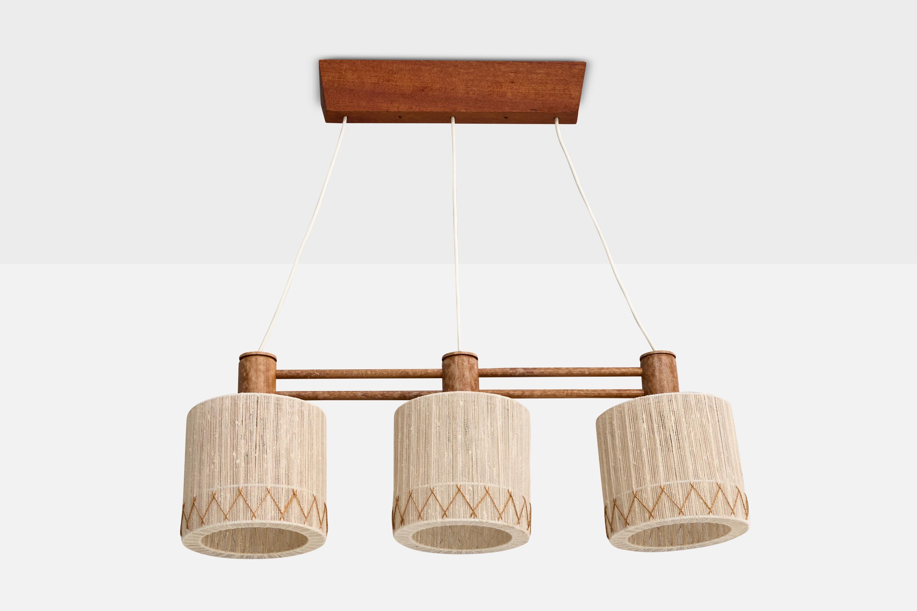 A teak and beige fabric string chandelier designed and produced in Sweden, c. 1950s.

Overall Dimensions (inches): 26.625