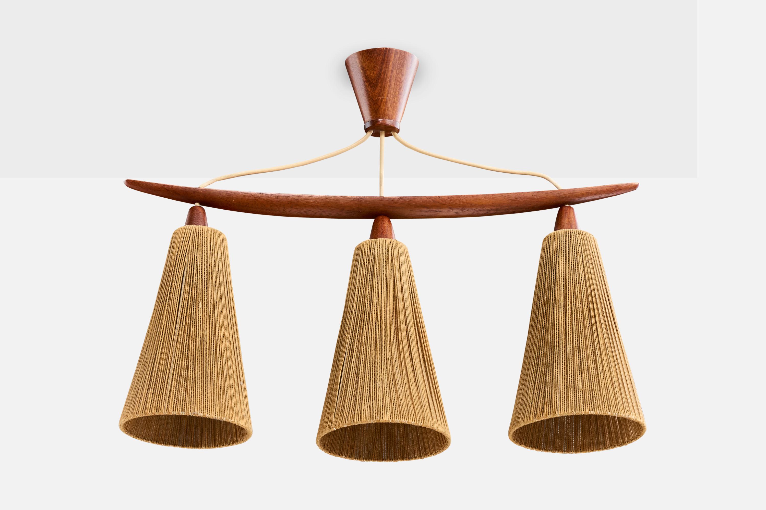 A teak and beige fabric cord chandelier designed and produced in Sweden, c. 1950s.

Overall Dimensions (inches): 20.25