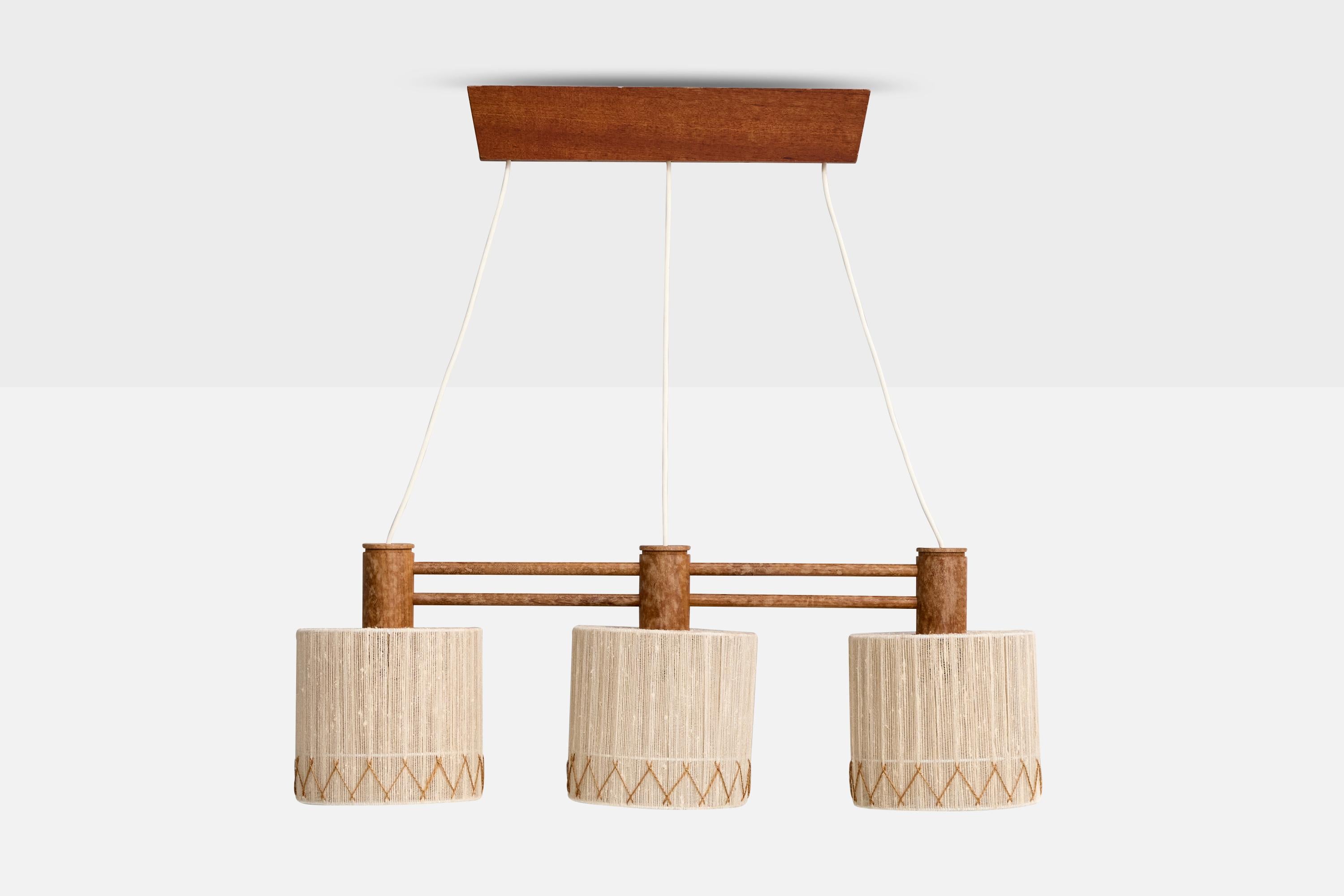 Mid-Century Modern Swedish Designer, Chandelier, Teak, Fabric, Sweden, 1950s For Sale