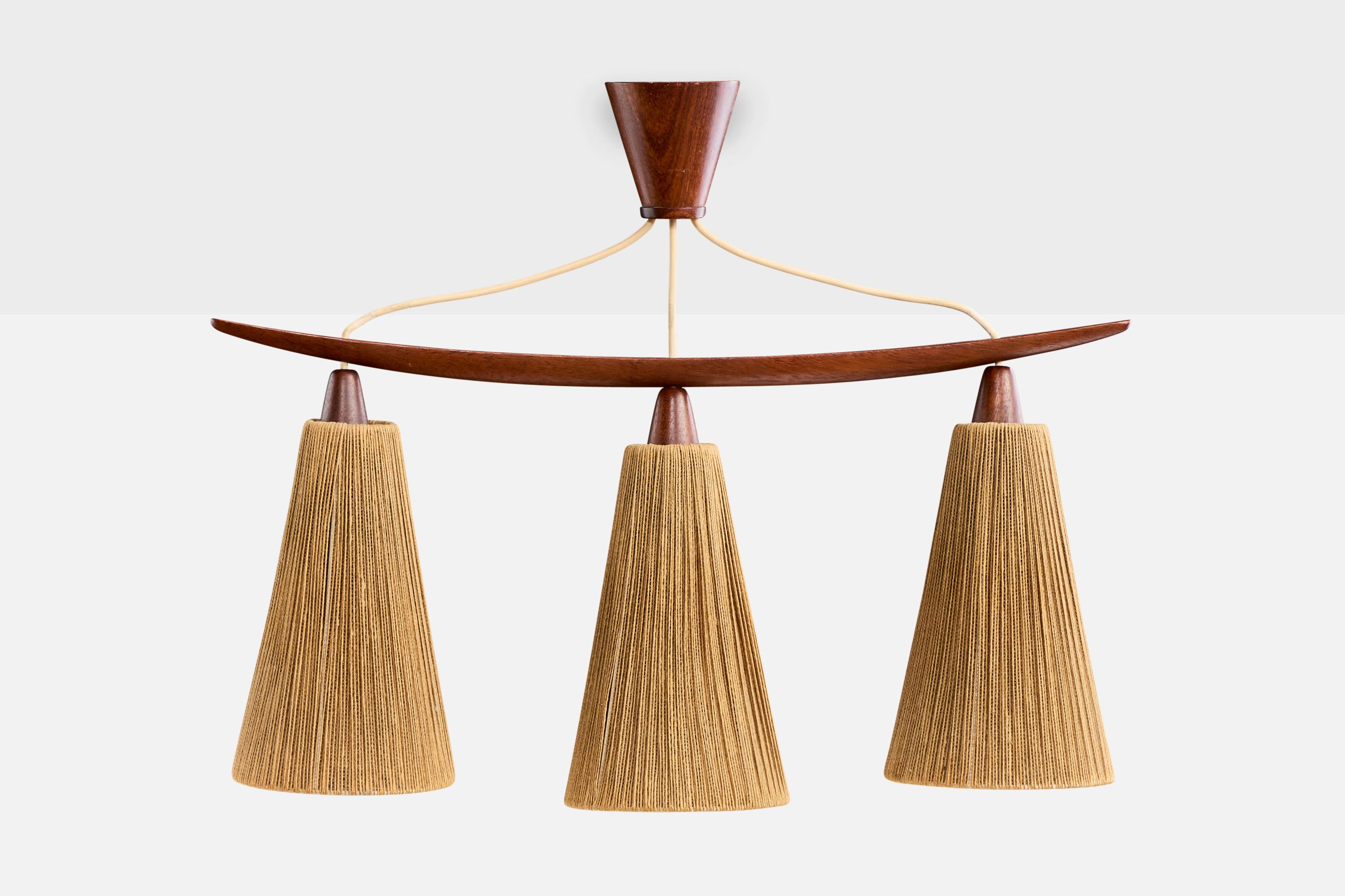 Mid-Century moderno Swedish Designer, Chandelier, Teak, Fabric, Sweden, 1950s in vendita