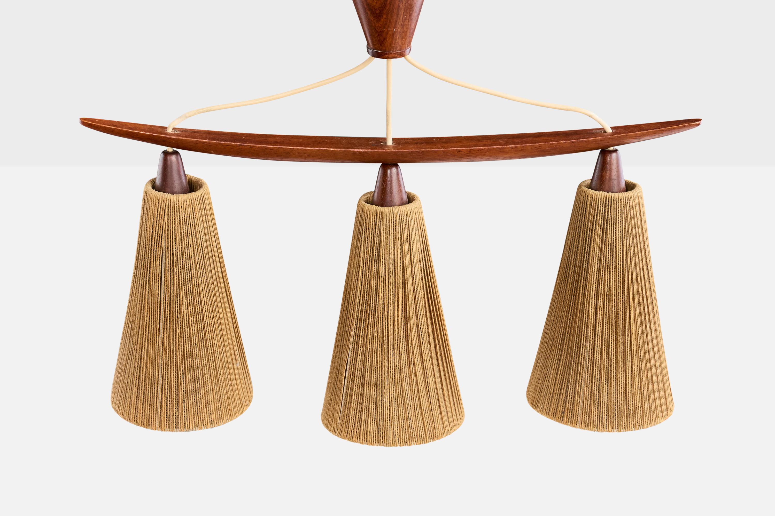 Svedese Swedish Designer, Chandelier, Teak, Fabric, Sweden, 1950s in vendita