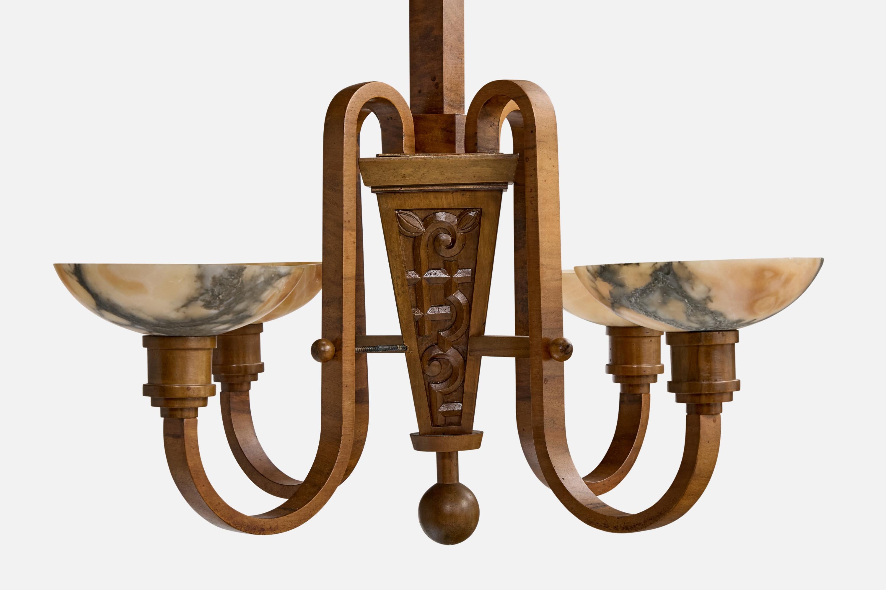 Inizio XX secolo Designer svedese, lampadario, Wood, Alabastro, Svezia, anni '20 in vendita