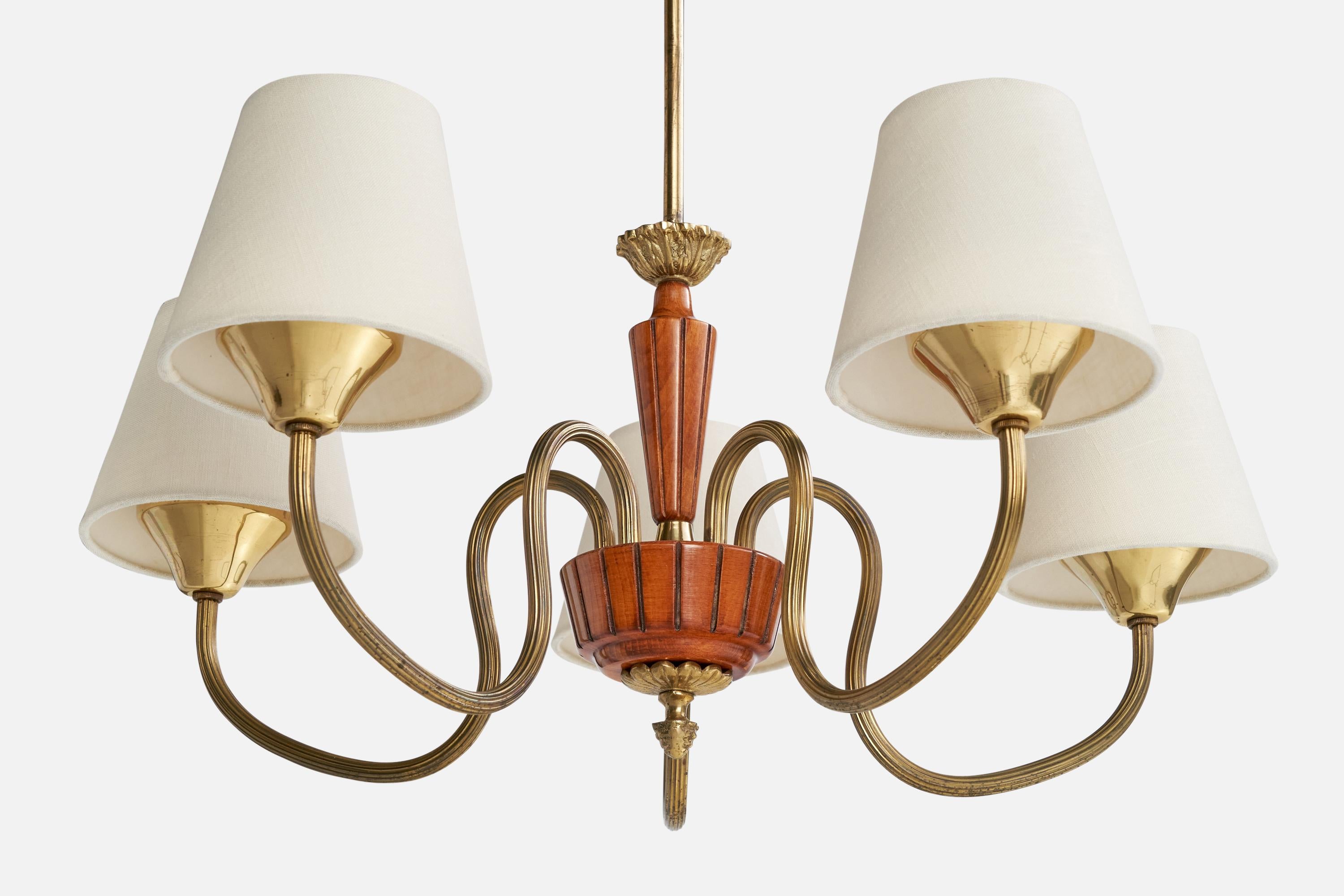 Lustre de designer suédois, bois, laiton, tissu, Suède, années 1940 Bon état - En vente à High Point, NC