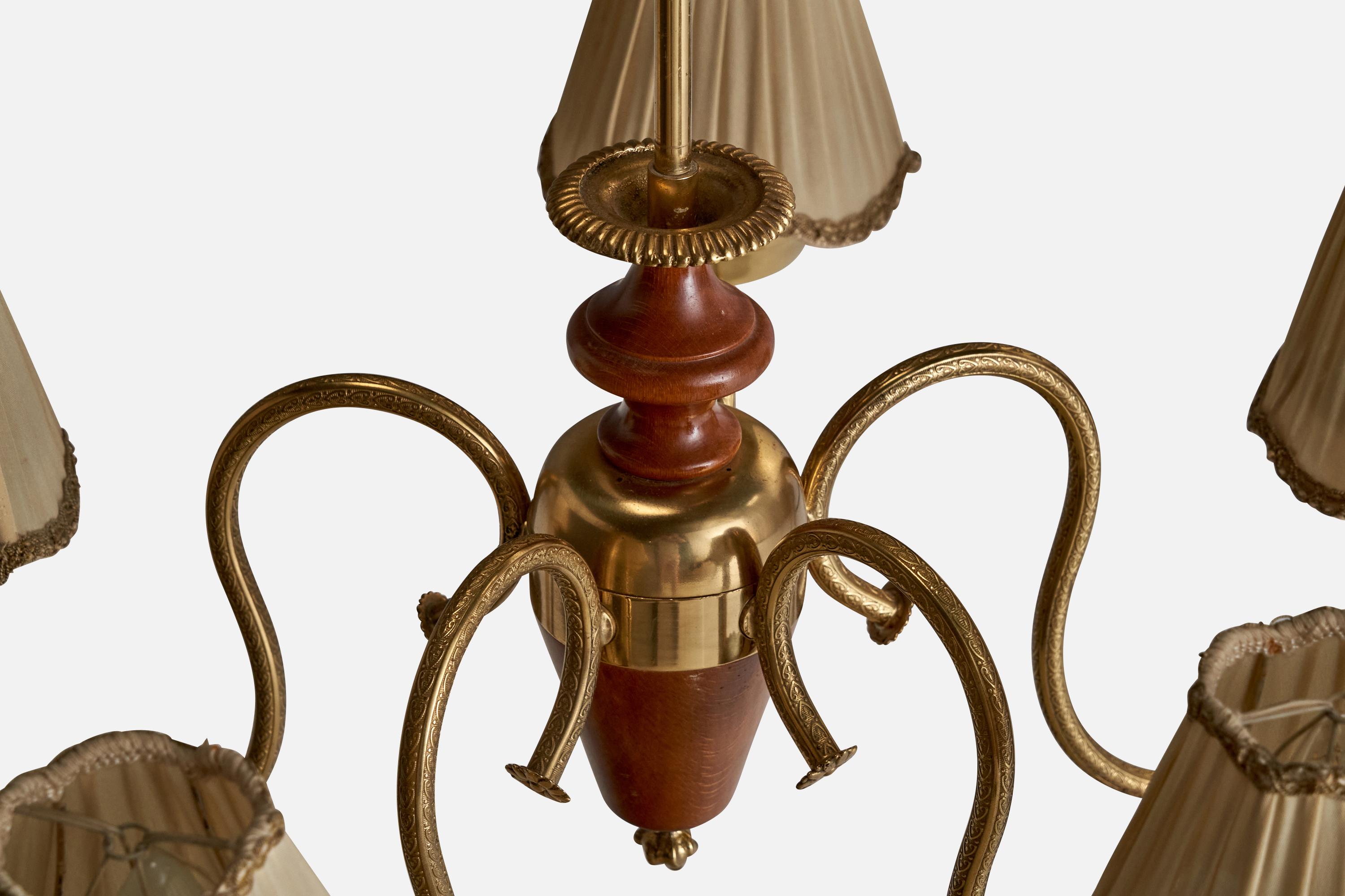 Lustre de designer suédois, bois, laiton, tissu, Suède, années 1940 en vente 1
