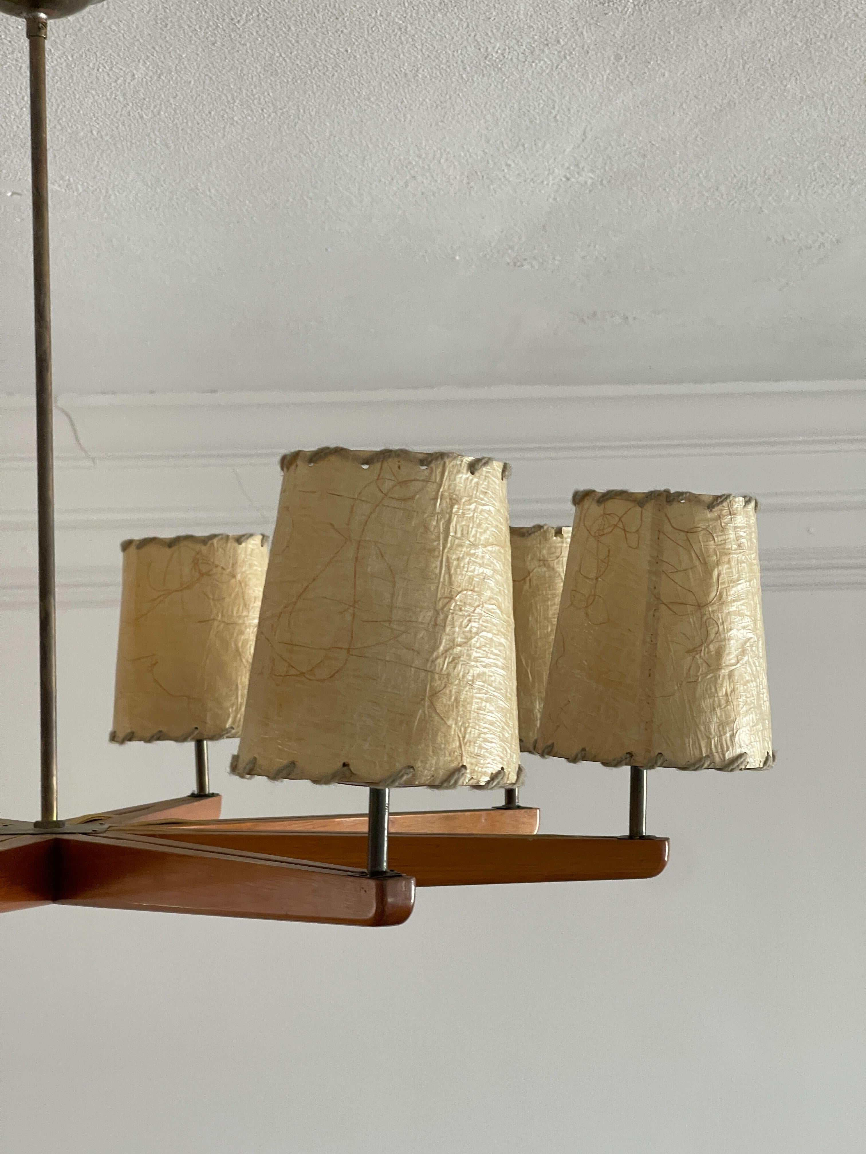 Swedish Designer, Chandelier, Wood, Brass, Parchment Paper, Sweden, 1930s In Good Condition In High Point, NC