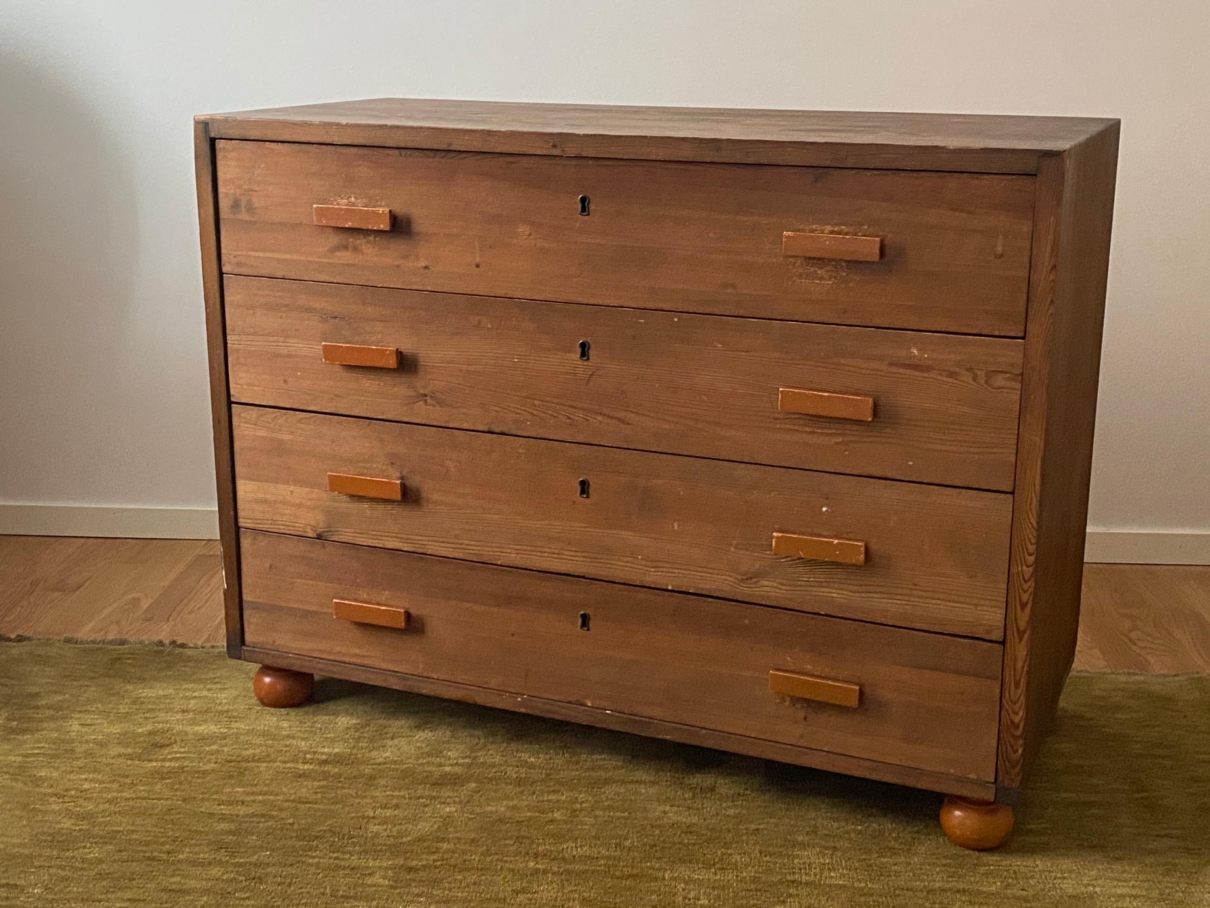 Scandinavian Modern Swedish Designer, Chest of Drawers in Sportstuge Style Stained Pine Sweden 1940s