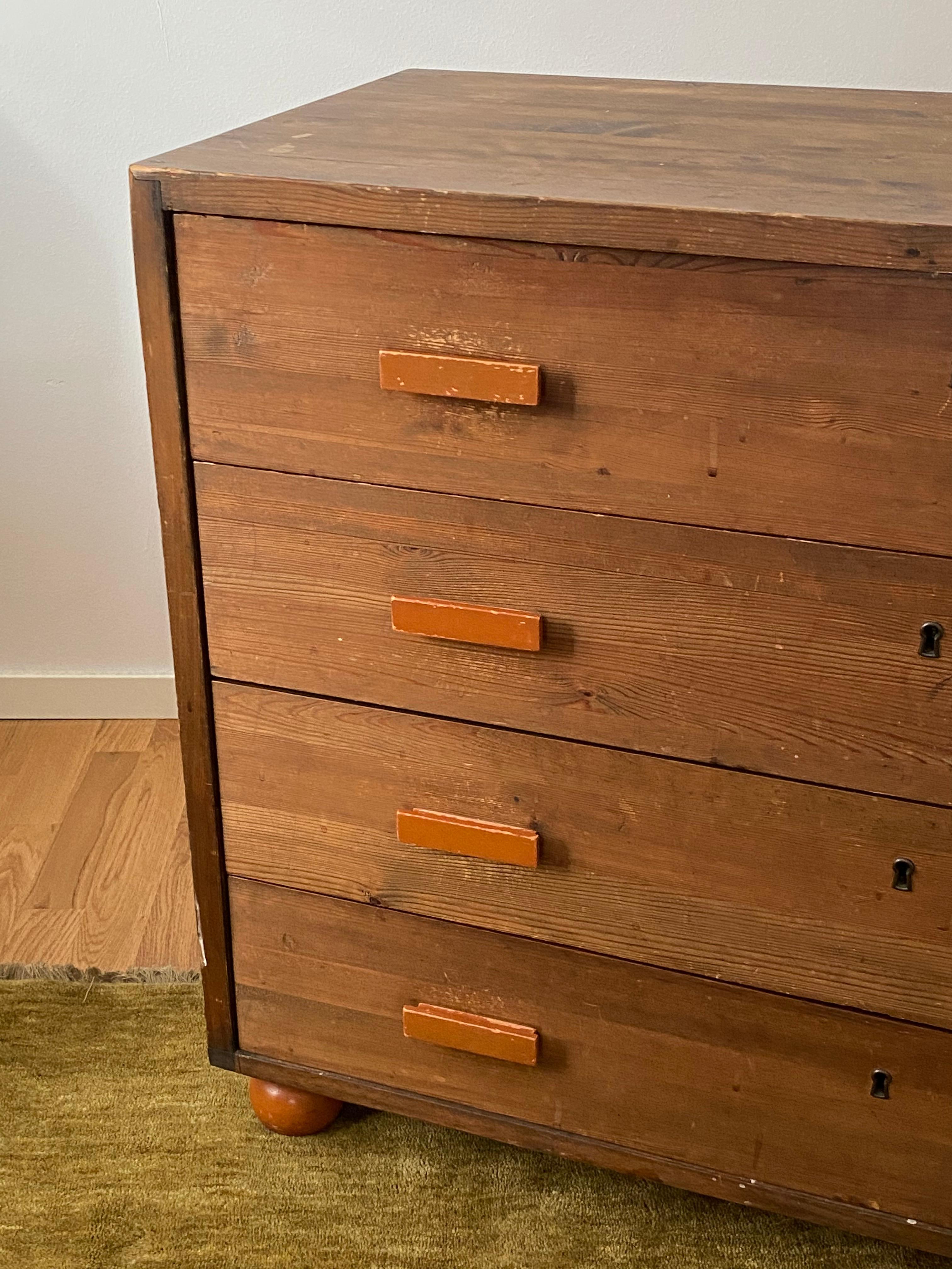 Beech Swedish Designer, Chest of Drawers in Sportstuge Style Stained Pine Sweden 1940s