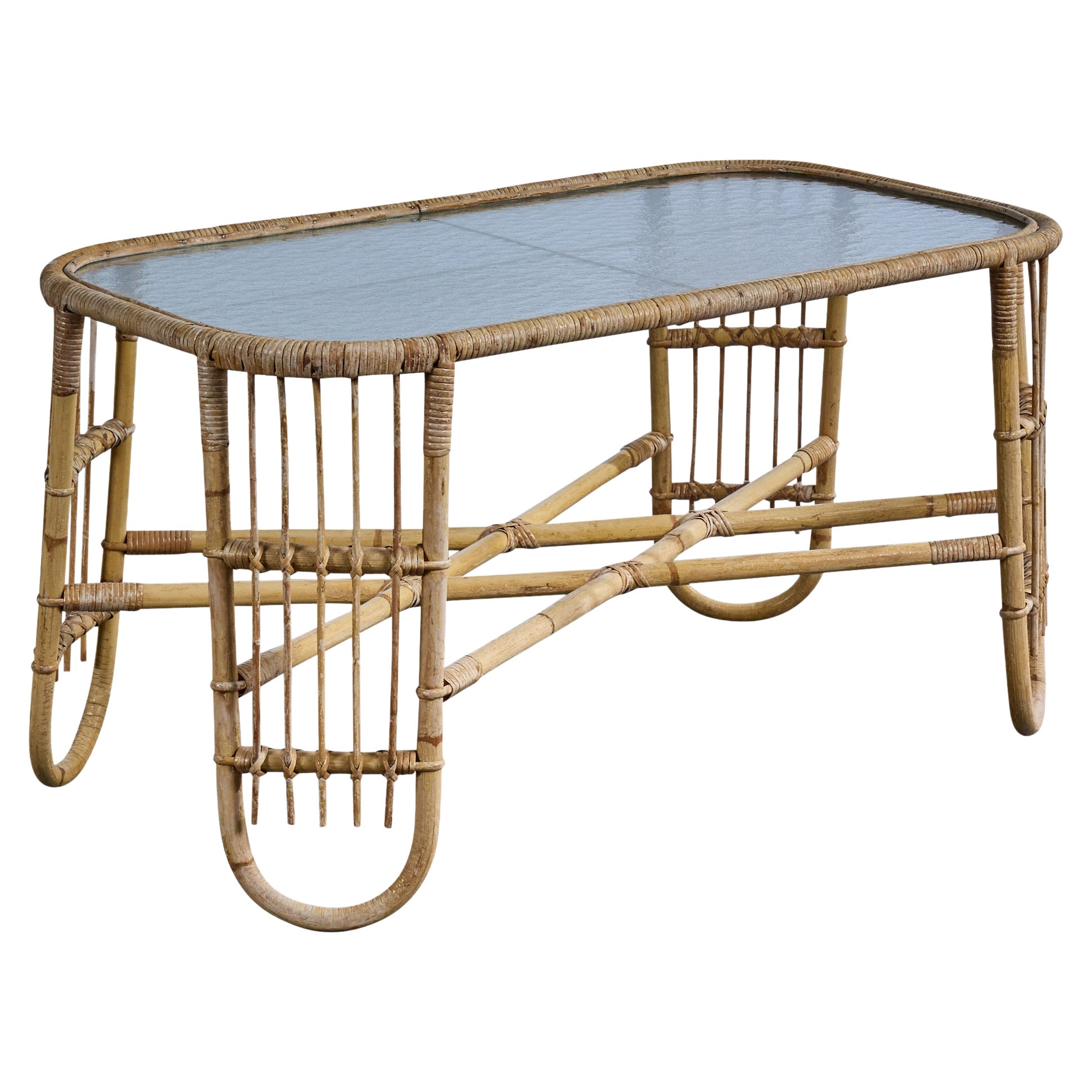 Swedish Designer, Coffee Table, Bamboo, Rattan, Glass, Sweden, 1960s For Sale