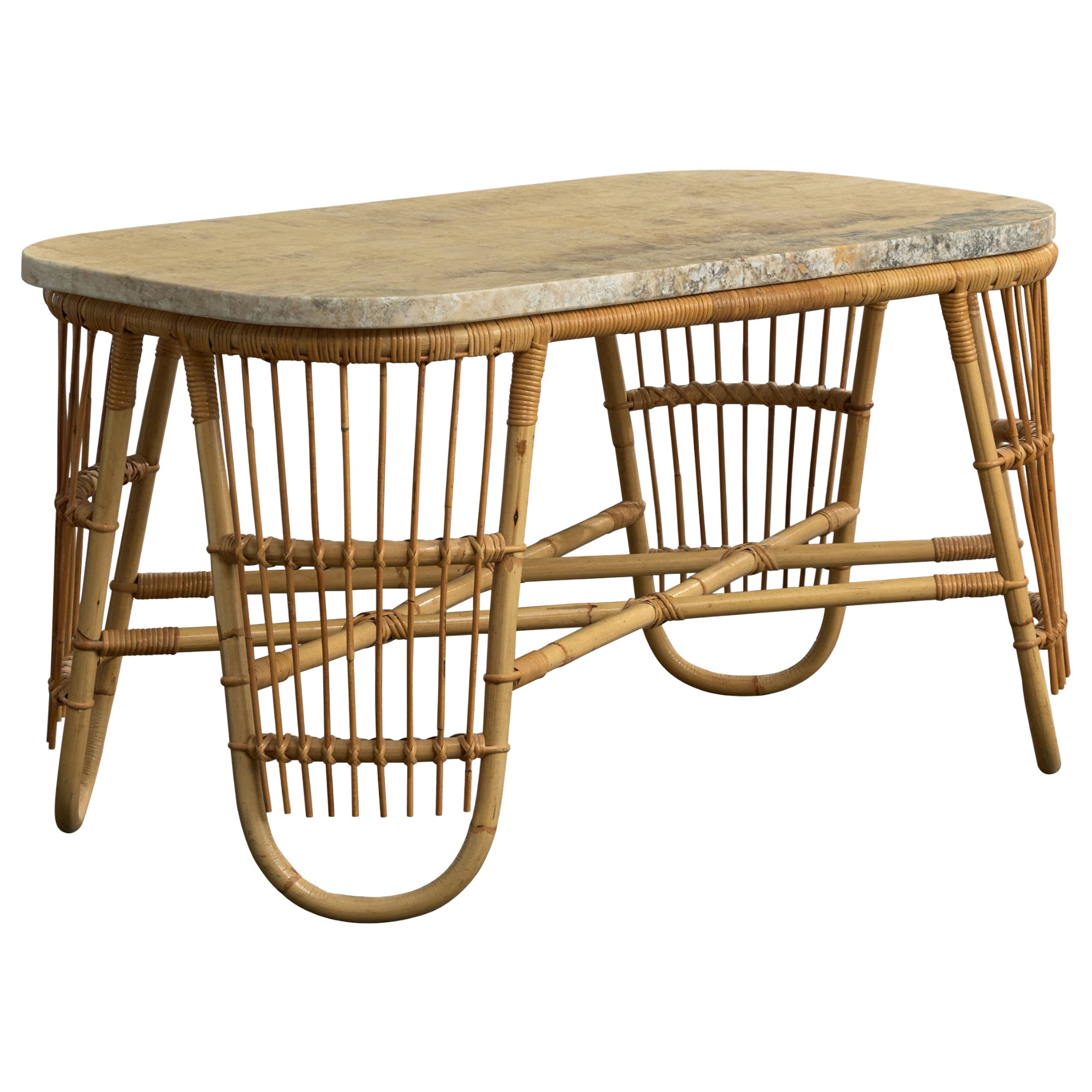 Designer suédois, table basse, bambou, rotin, marbre, Suède, années 1950 en vente