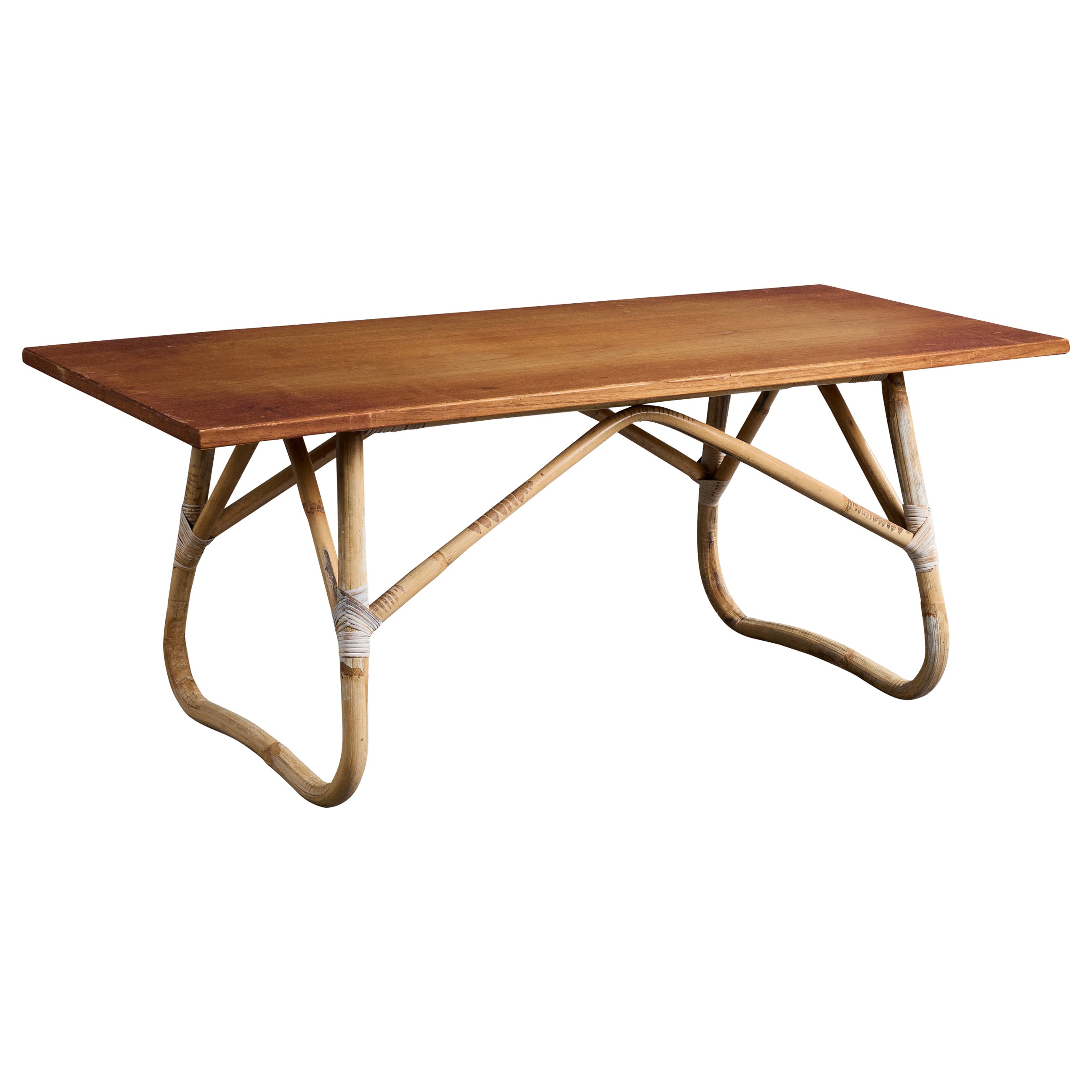 Diseñador sueco, mesa de centro, madera, bambú, ratán, Suecia, década de 1960 en venta