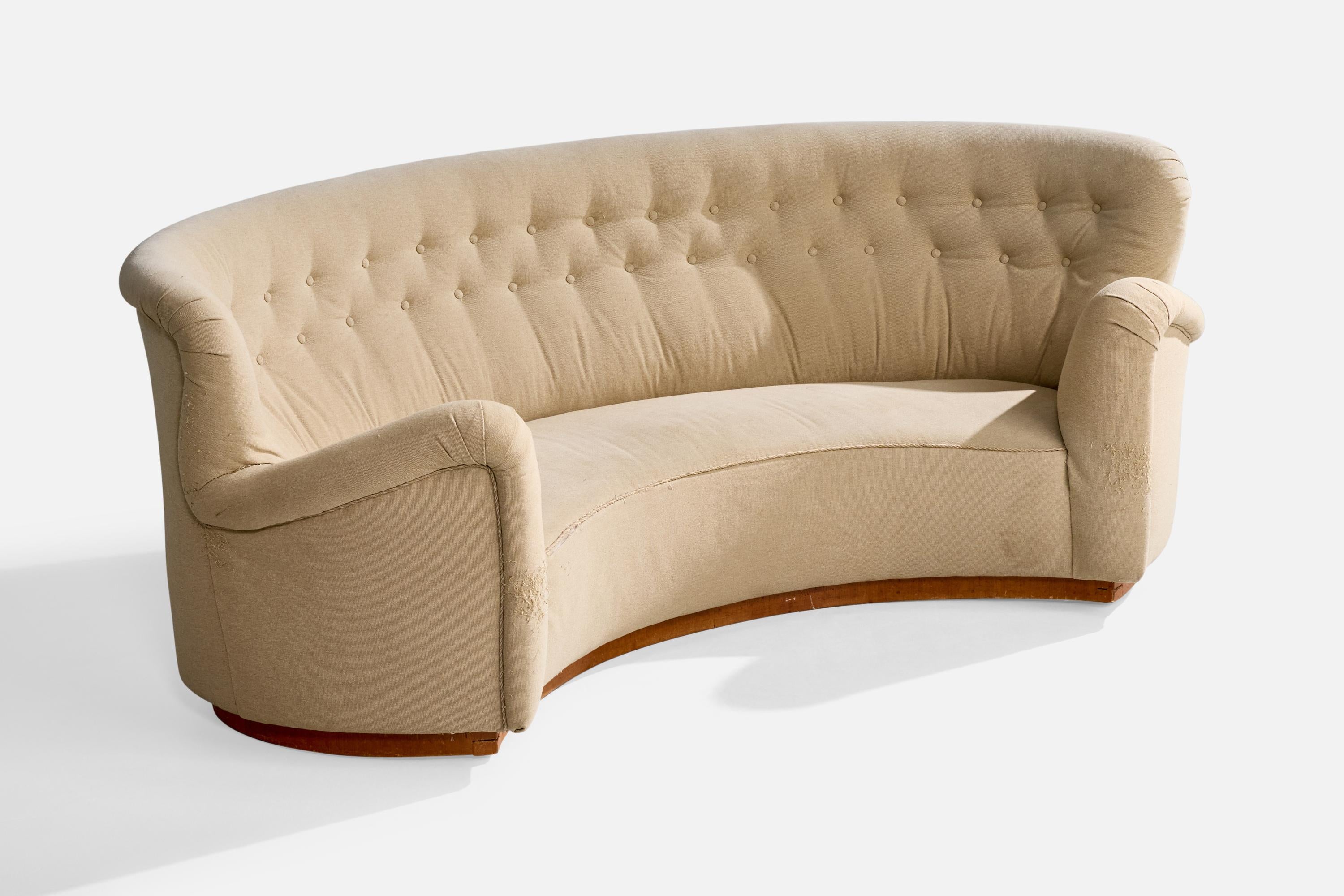 Scandinavian Modern Swedish Designer, Curved Sofa, Wood, Fabric, Sweden, 1940s For Sale