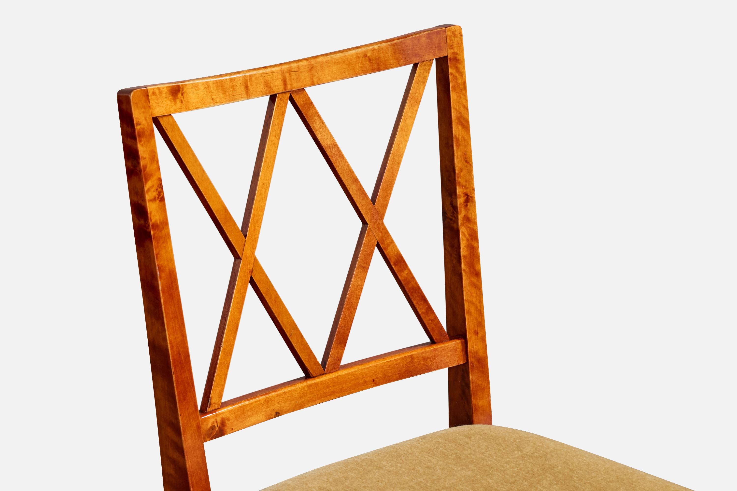 Designer suédois, chaises de salle à manger, bouleau, velours, Suède, années 1930 en vente 3