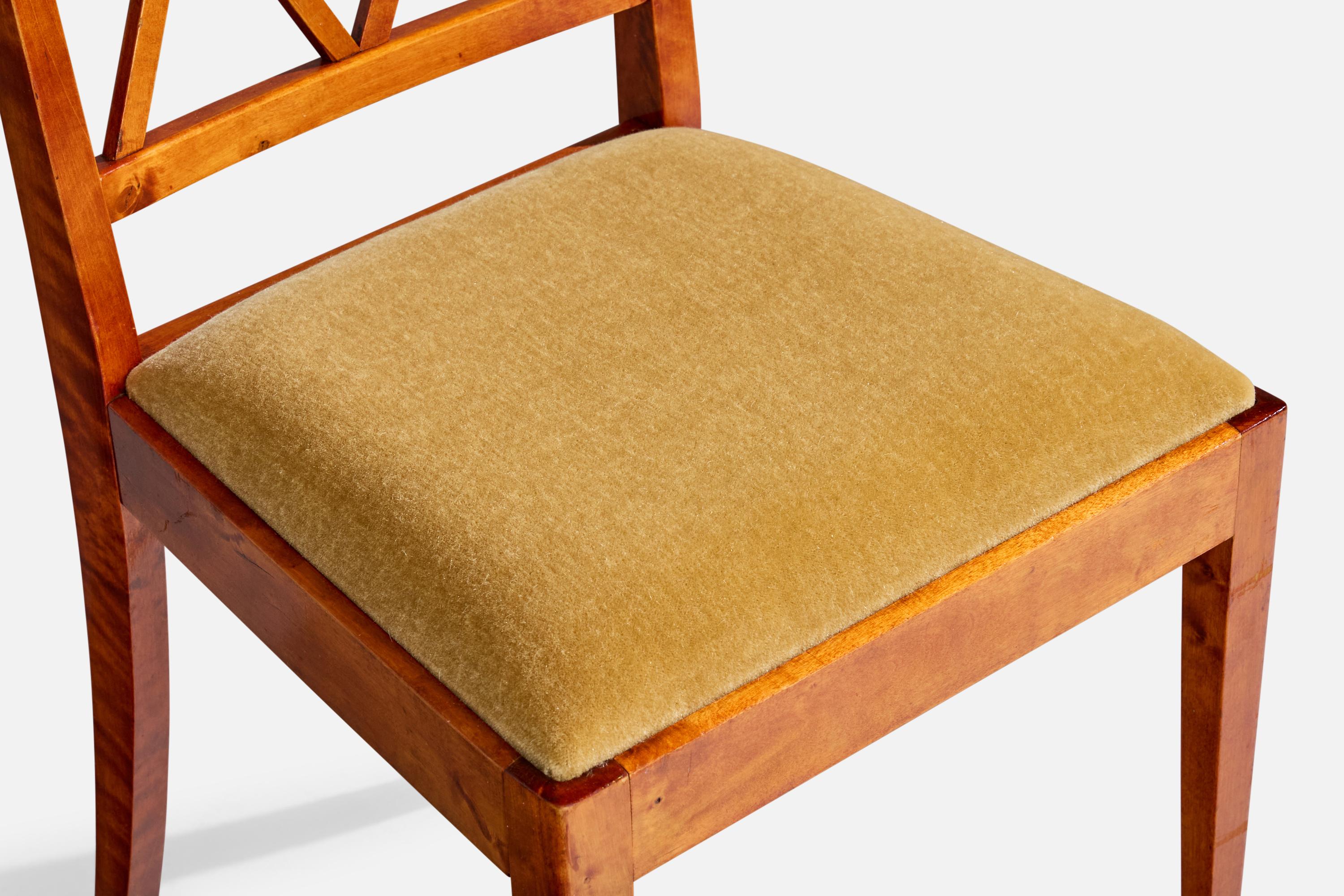 Designer suédois, chaises de salle à manger, bouleau, velours, Suède, années 1930 en vente 4