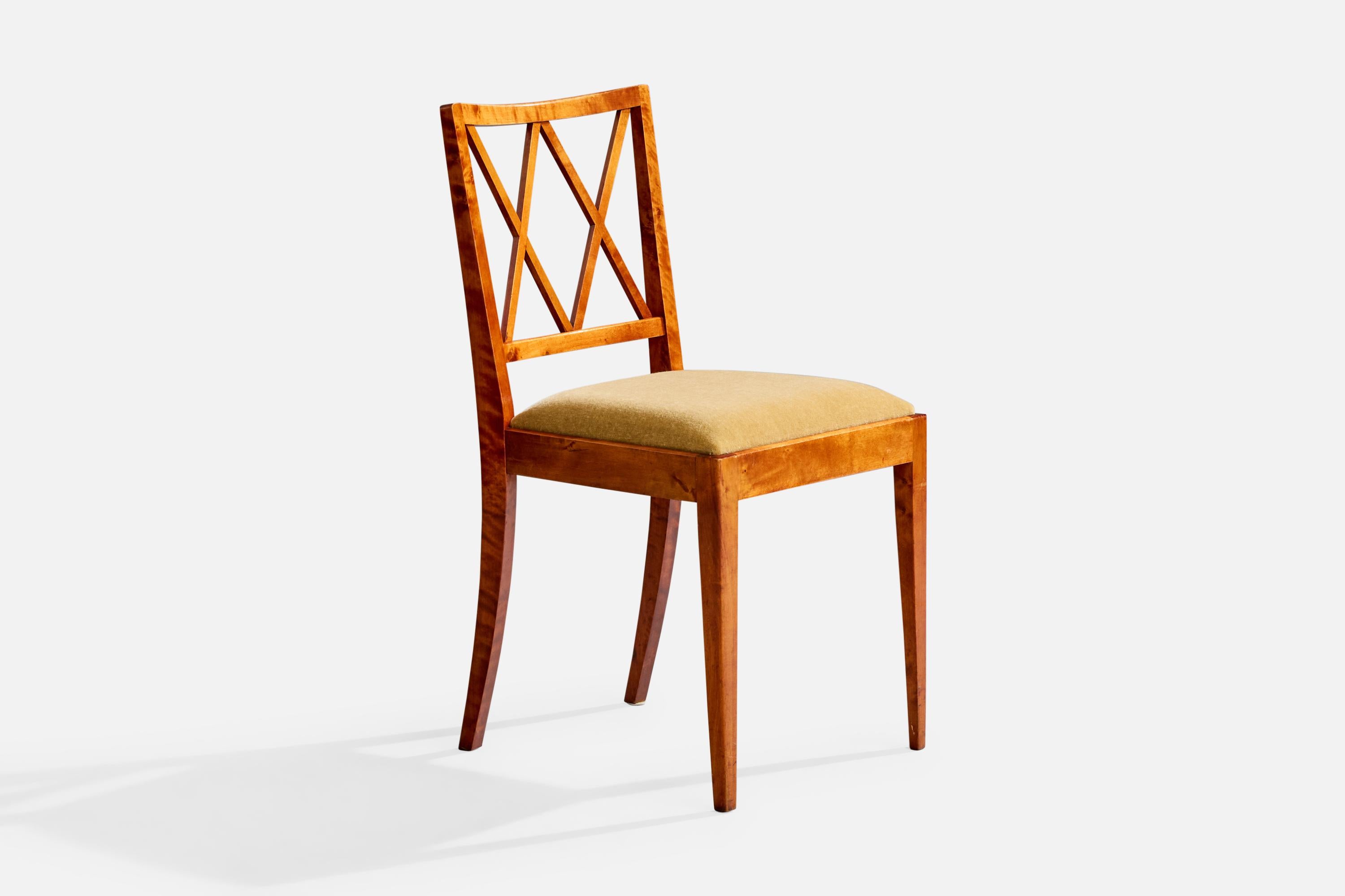 Milieu du XXe siècle Designer suédois, chaises de salle à manger, bouleau, velours, Suède, années 1930 en vente