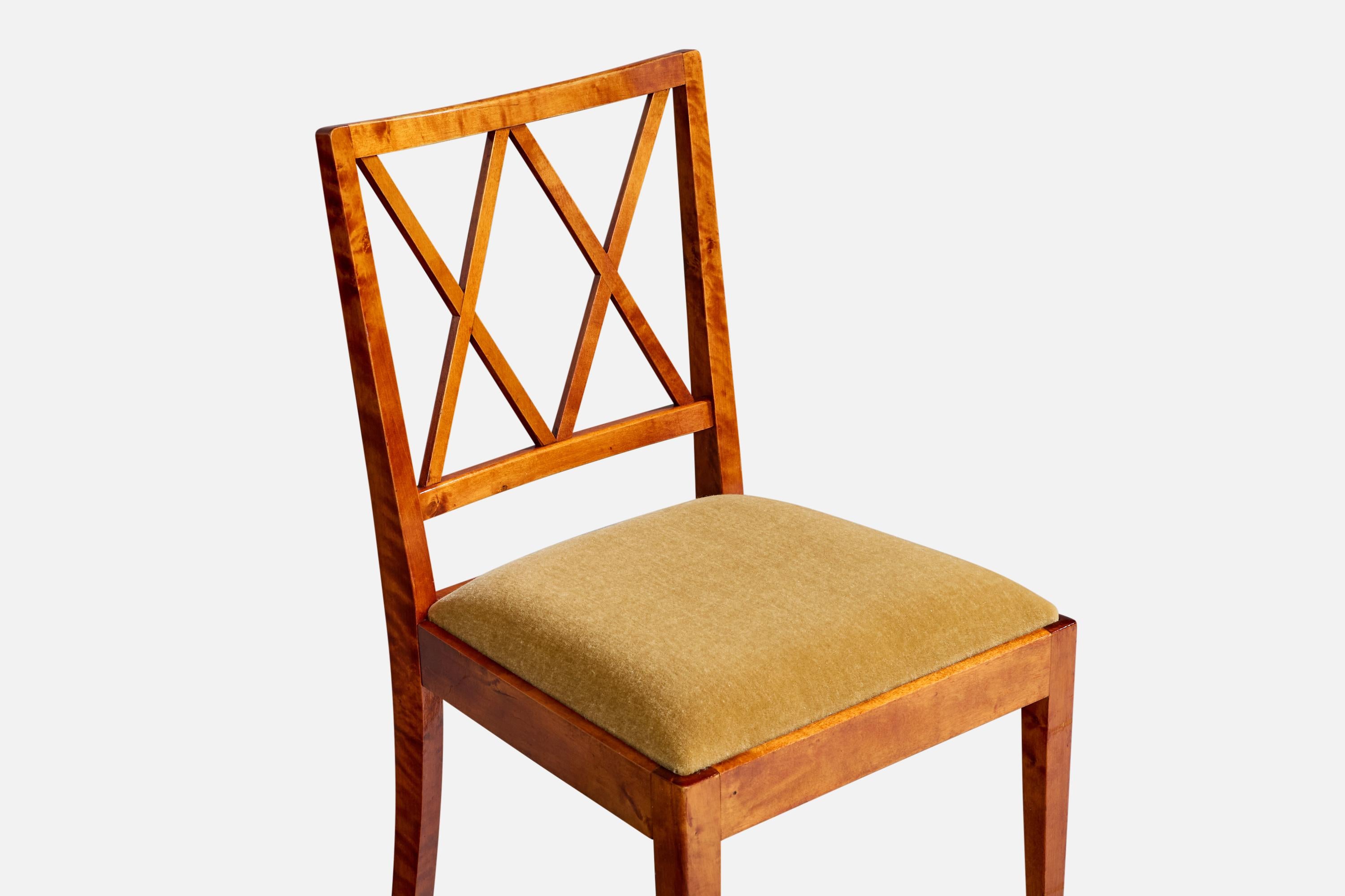 Designer suédois, chaises de salle à manger, bouleau, velours, Suède, années 1930 en vente 2