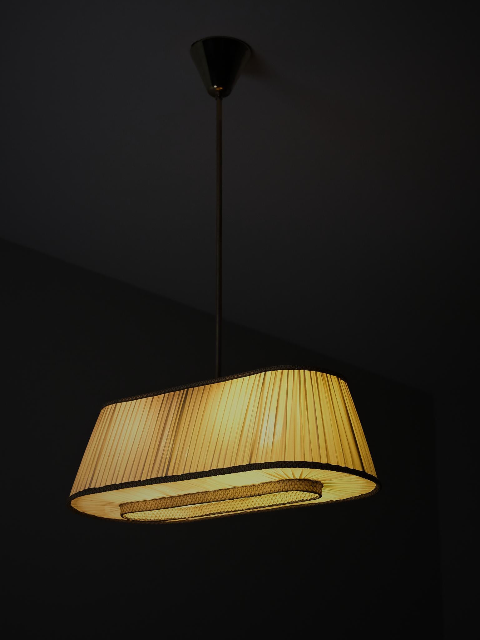 Scandinavian Modern Swedish designer fabric and brass ceiling lamp, 1940s For Sale