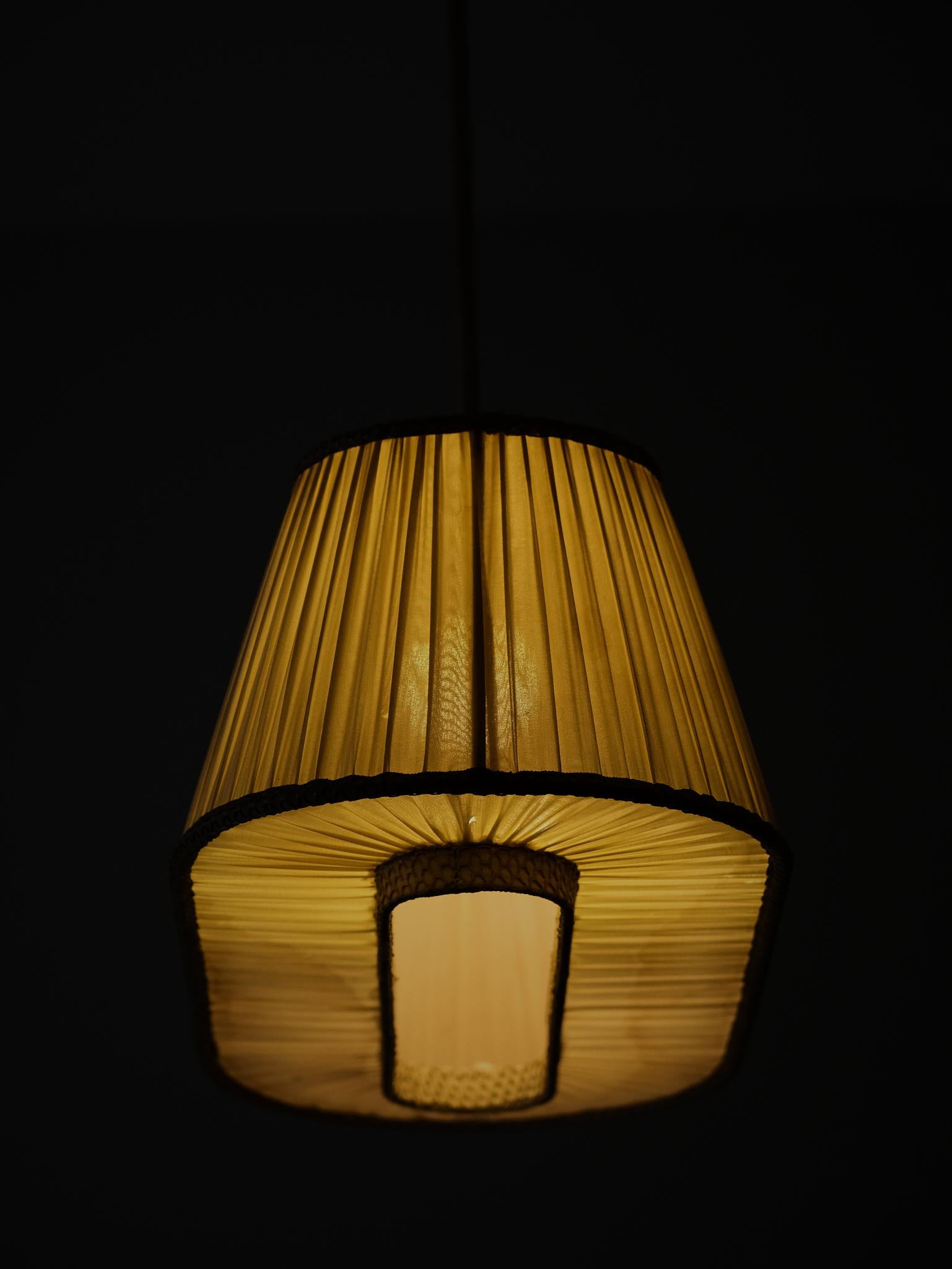 20th Century Swedish designer fabric and brass ceiling lamp, 1940s For Sale