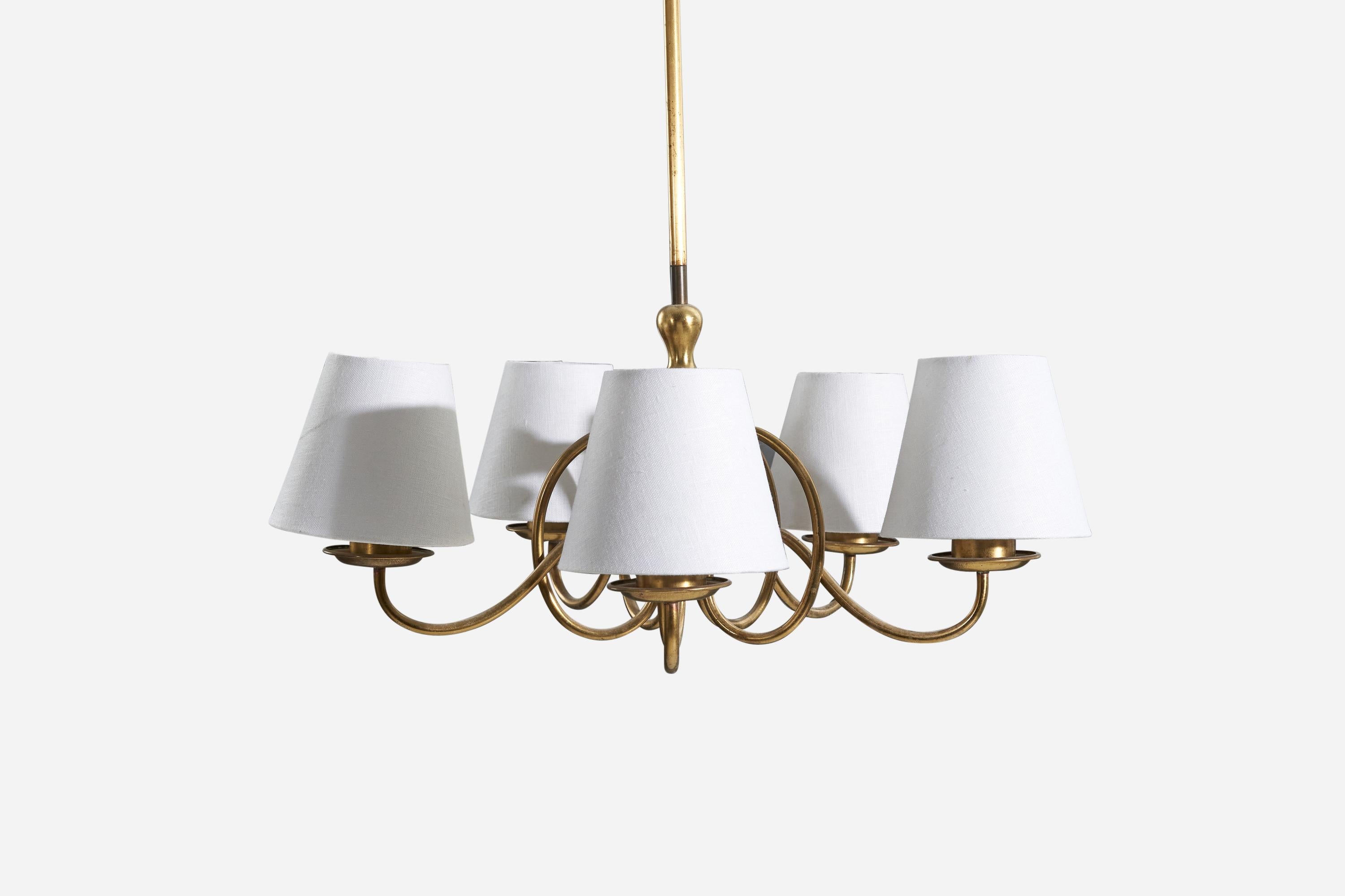 Swedish Designer, Five-Armed Chandelier, Brass, White Fabric, Sweden, 1940s In Good Condition For Sale In High Point, NC