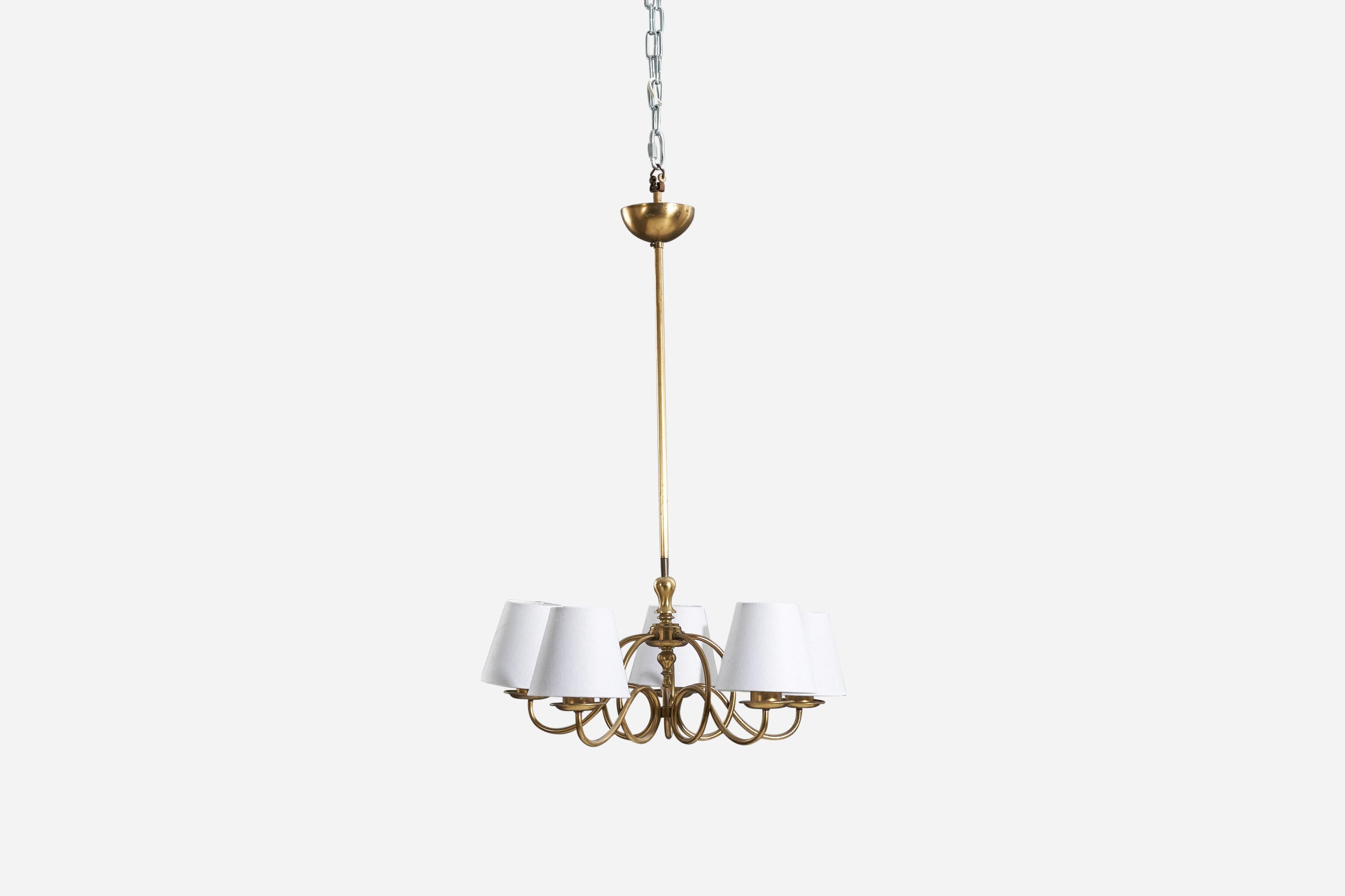 Mid-20th Century Swedish Designer, Five-Armed Chandelier, Brass, White Fabric, Sweden, 1940s For Sale