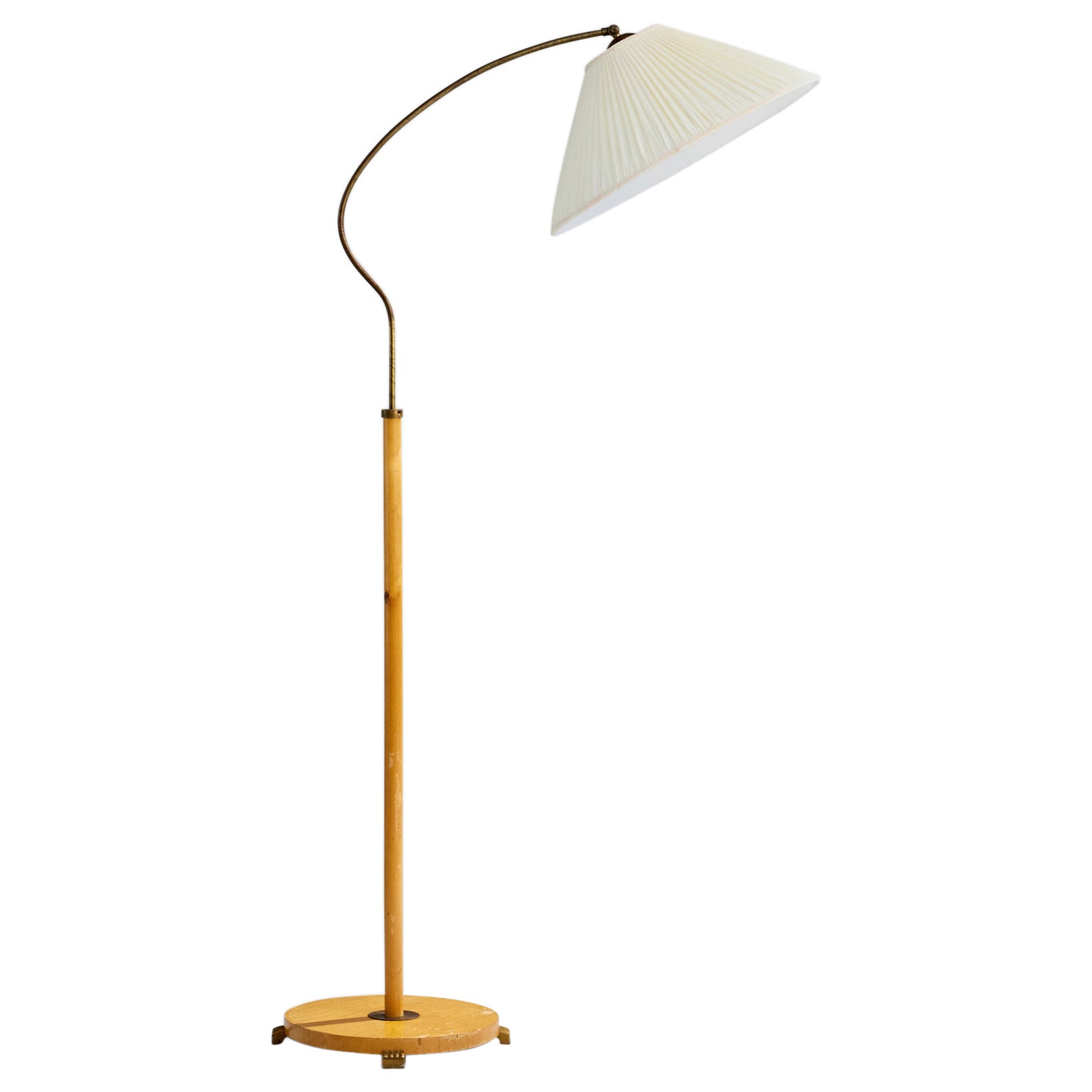 Swedish Designer, Floor Lamp, Birch, Brass, Fabric, Sweden, 1940s