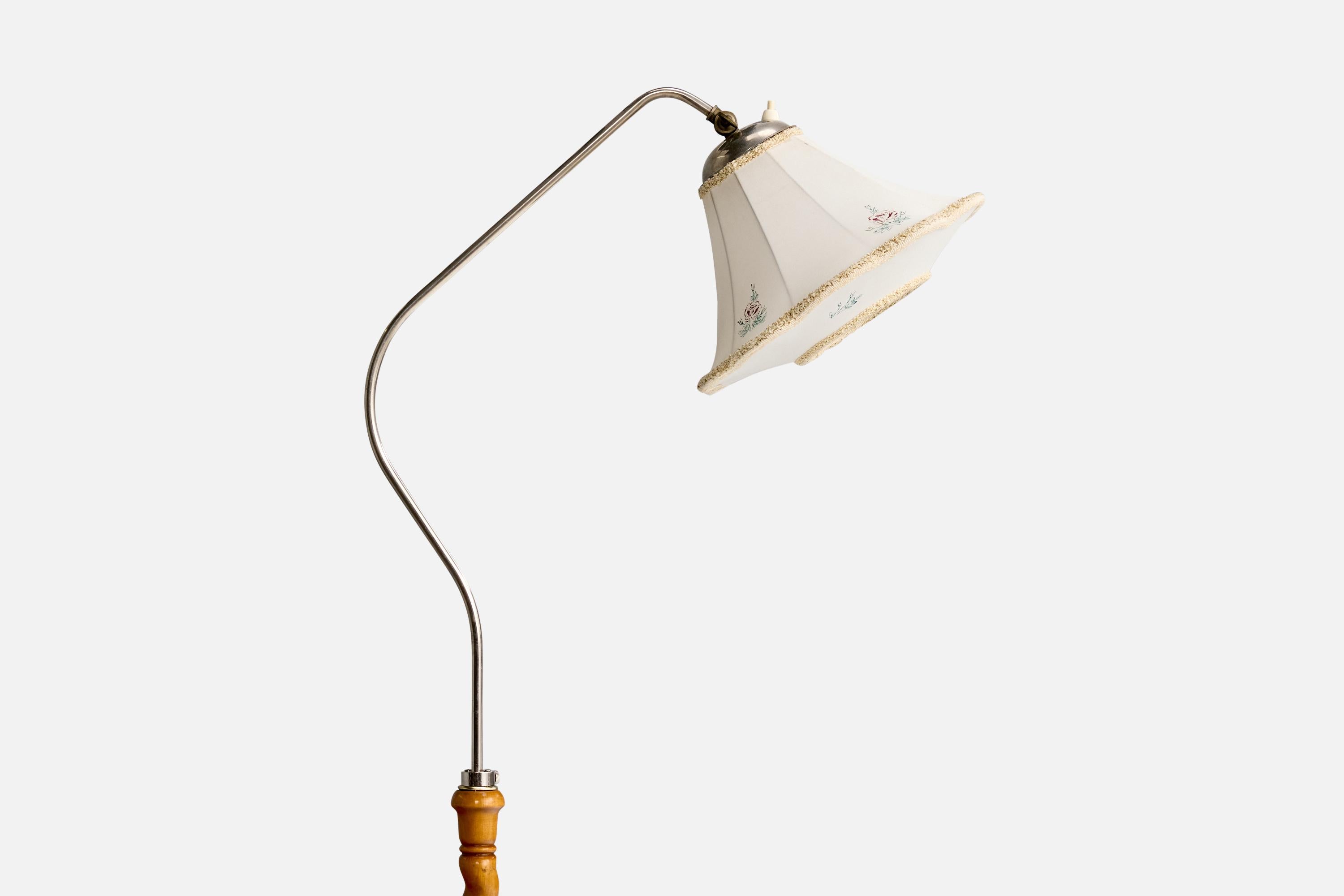 Scandinavian Modern Swedish Designer, Floor Lamp, Birch, Chrome, Fabric, Sweden, 1930s For Sale