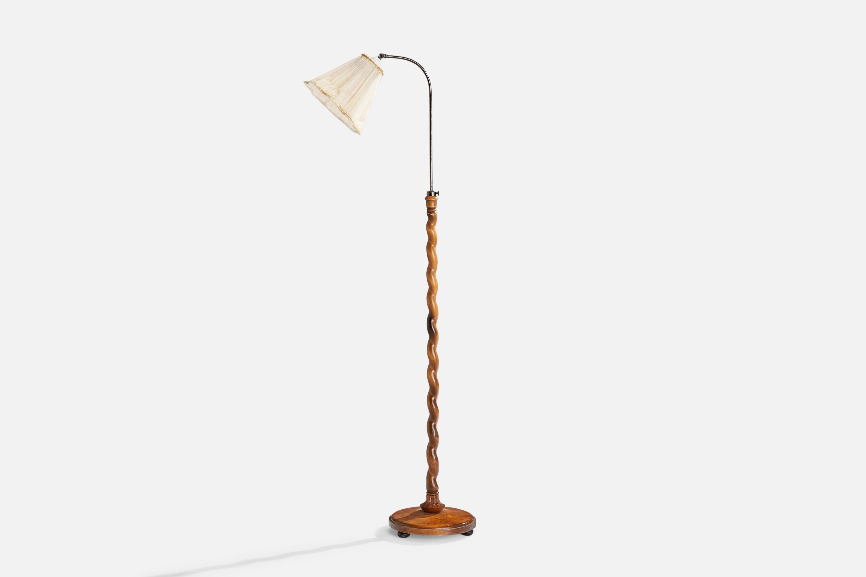 An adjustable birch, nickel-plated metal and fabric floor lamp designed and produced in Sweden, 1930s.

Dimensions variable 
Overall Dimensions (inches): 61” H x 9.5” W x 18.25” D
Stated dimensions include shade.
Bulb Specifications: E-26