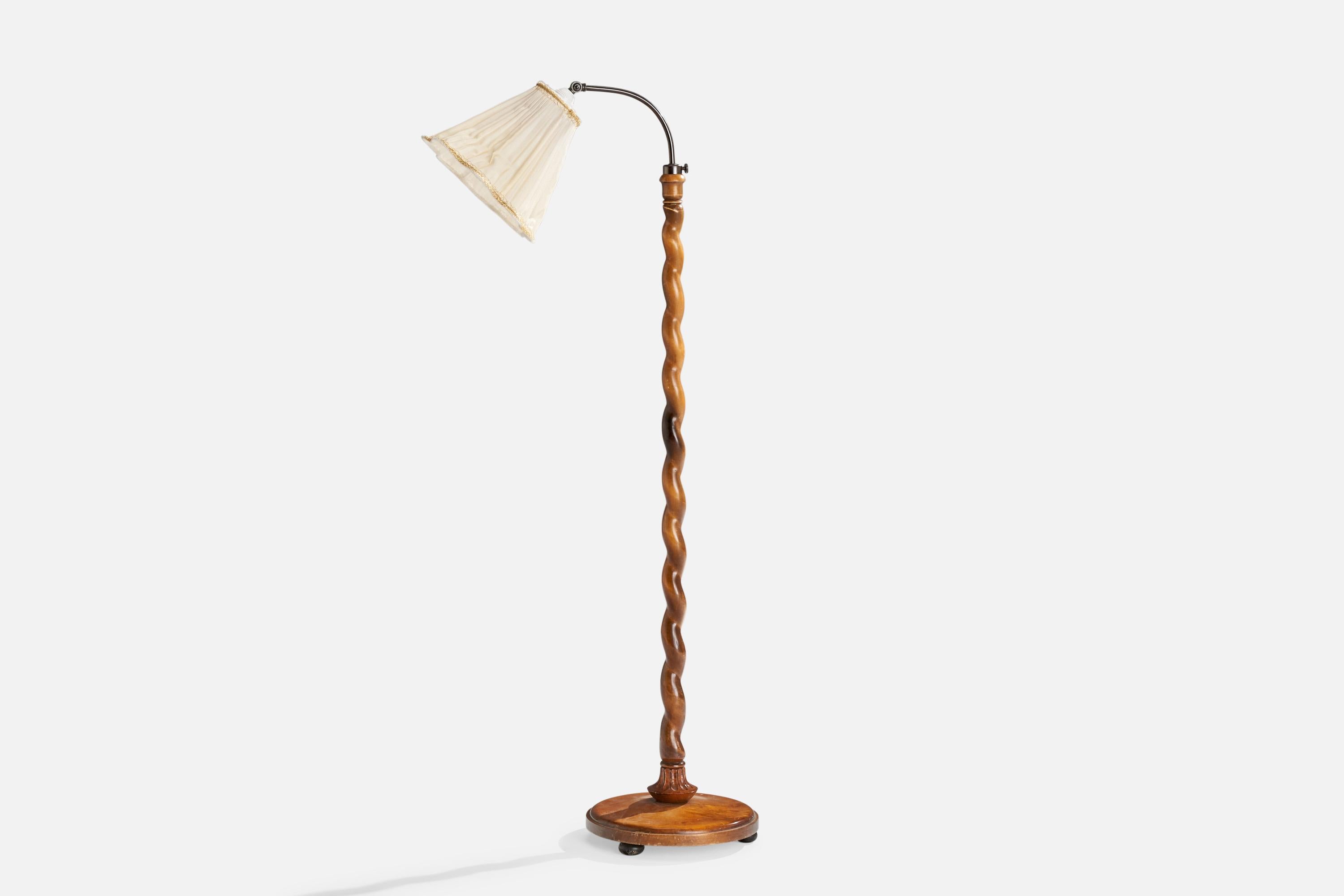 Scandinavian Modern Swedish Designer, Floor Lamp, Birch, Nickel, Fabric, Sweden, 1930s For Sale