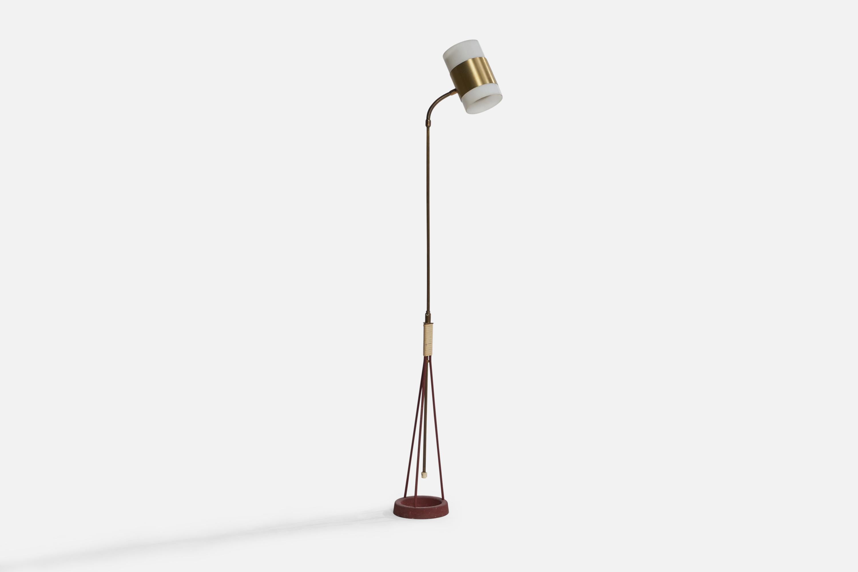 An adjustable brass, acrylic, red-lacquered metal and plastic band floor lamp designed and produced in Sweden, c. 1960s.

Overall Dimensions (inches): 57.25” H x 6.5” Diameter. Stated dimensions include shade.
dimensions adjustable based on position