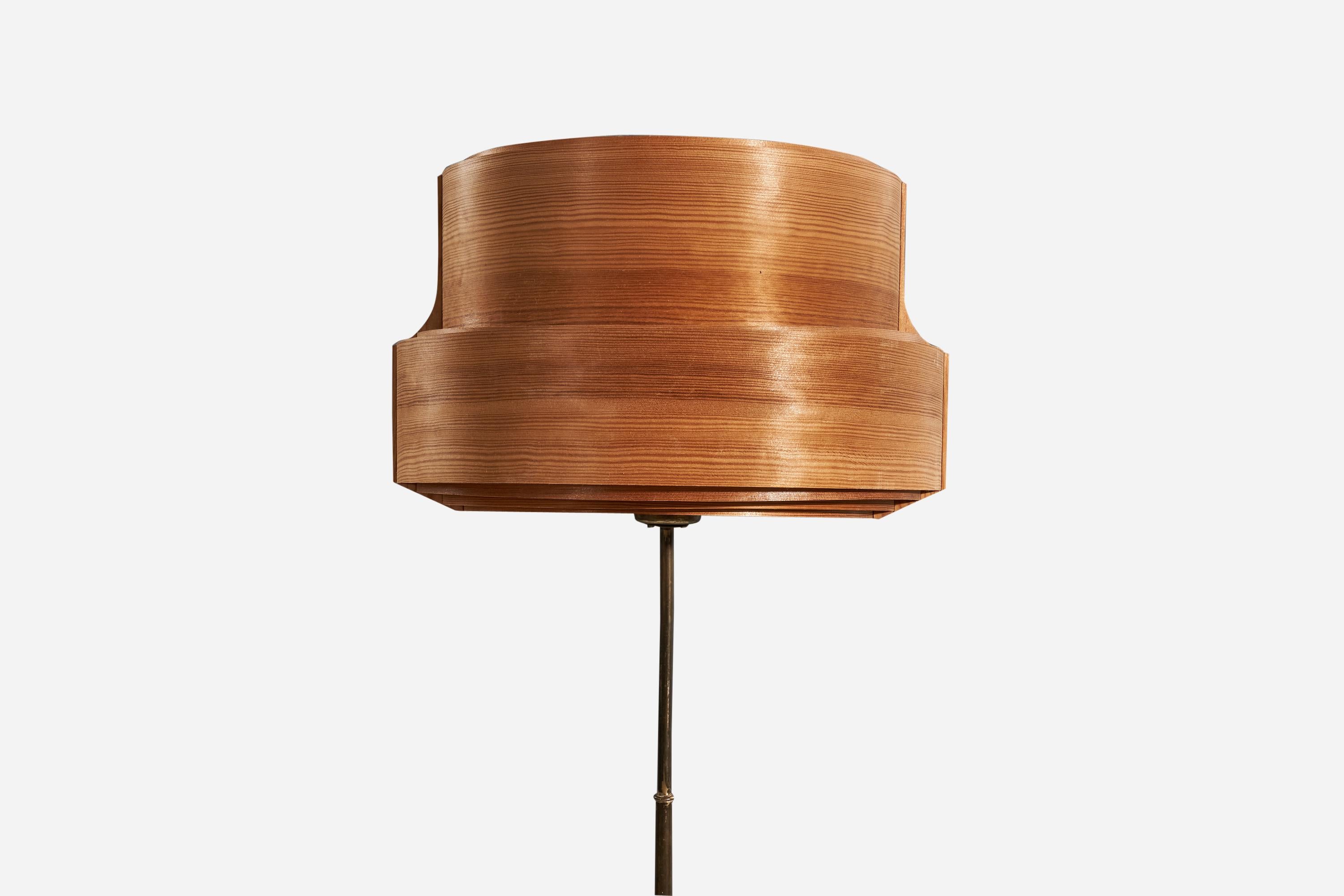Mid-Century Modern Swedish Designer, Floor Lamp, Brass, Acrylic, Pine, Pine Veneer, Sweden, 1960s For Sale