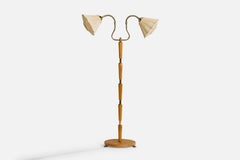 Diseñador sueco, lámpara de pie, latón, abedul, olmo, tela, Suecia, años 40