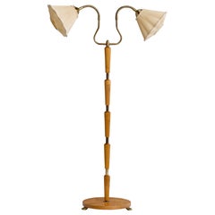 Lampada da terra di design svedese, ottone, betulla, olmo, tessuto, Svezia, anni '40