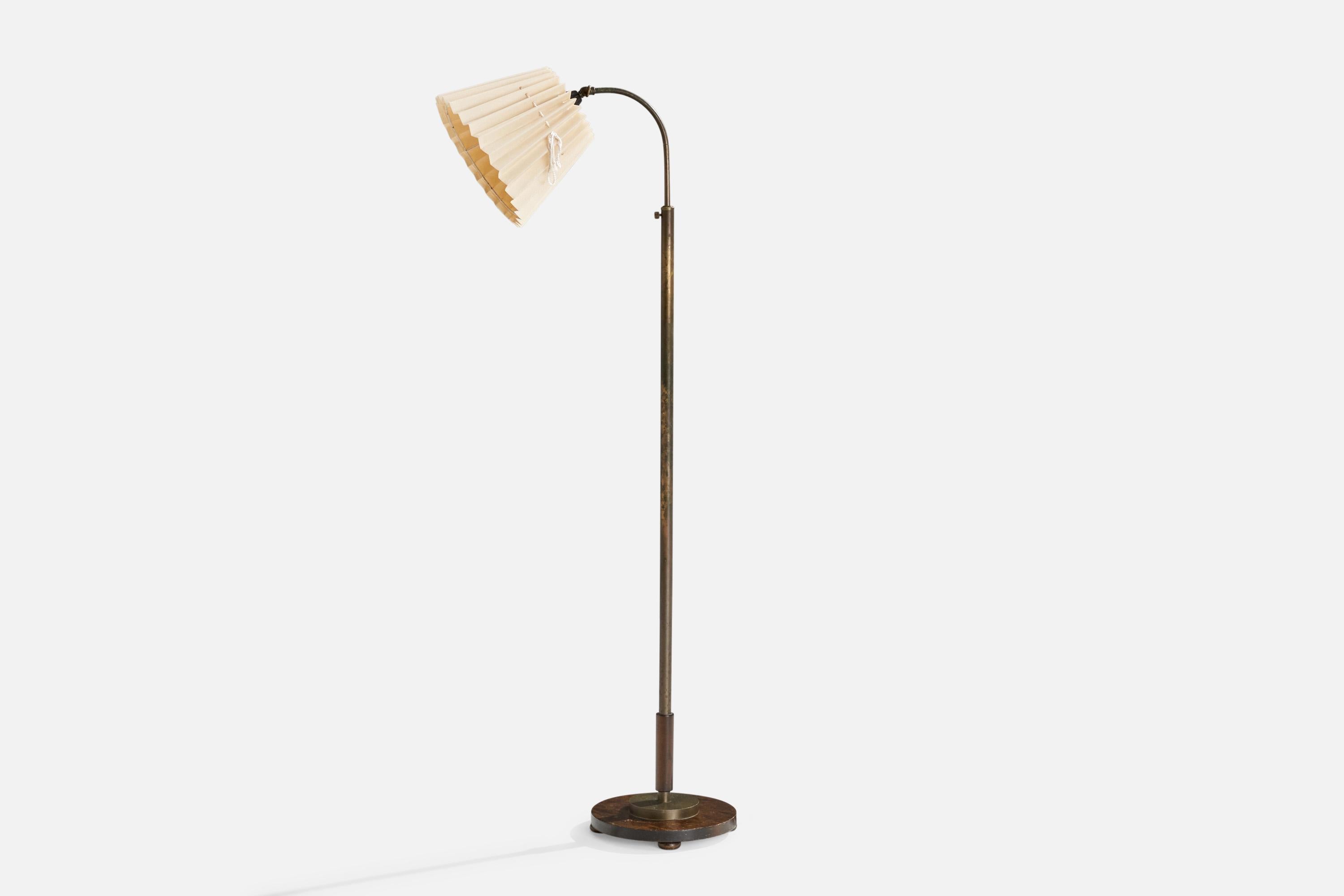 Scandinavian Modern Swedish Designer, Floor Lamp, Brass, Birch, Fabric, Sweden, 1920s For Sale